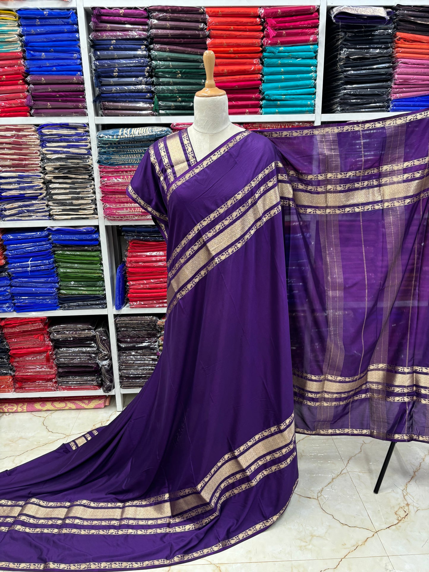 Semi Mysore Crepe (Mango Design 4 Lines Border)