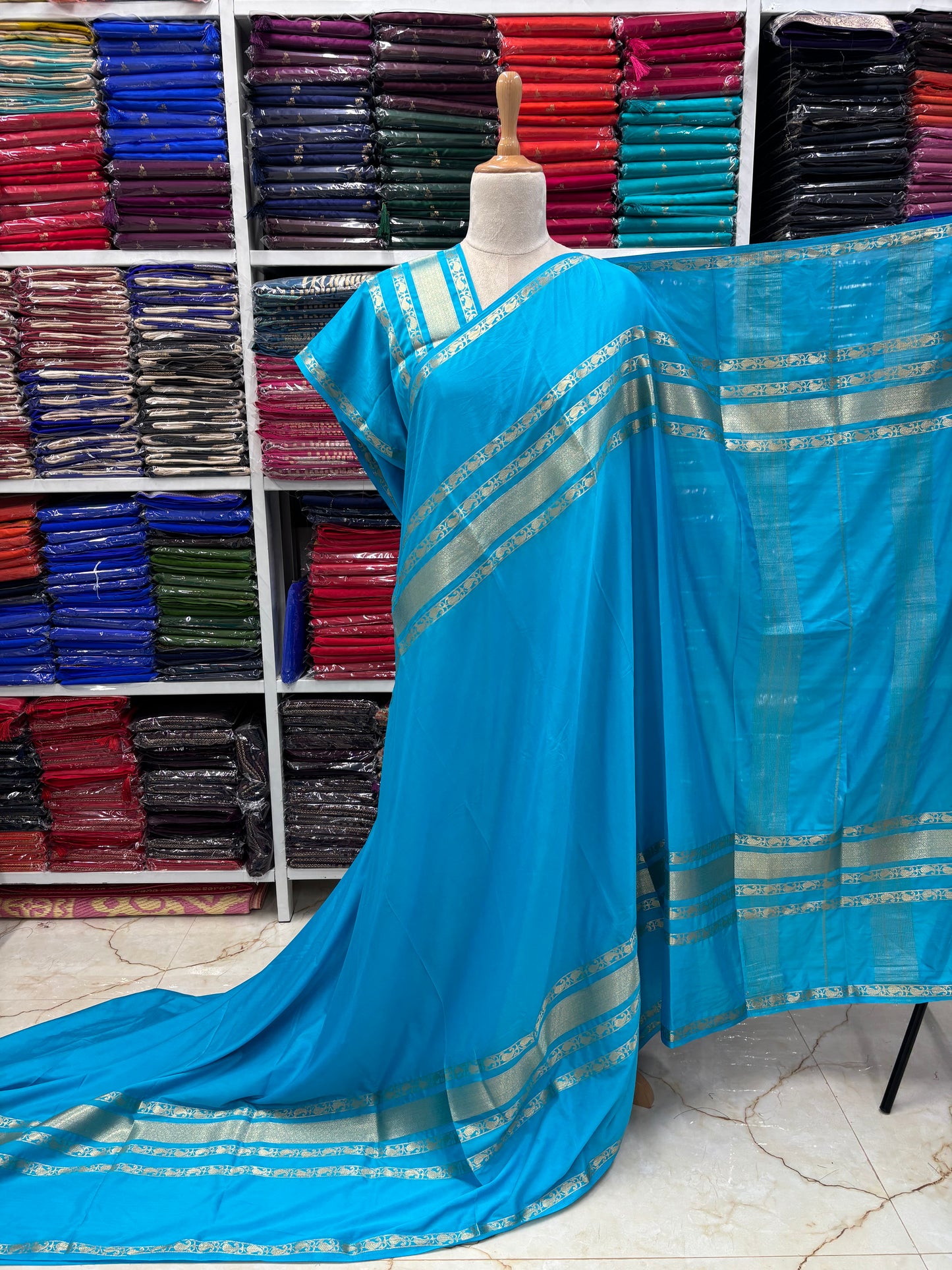 Semi Mysore Crepe (Mango Design 4 Lines Border)