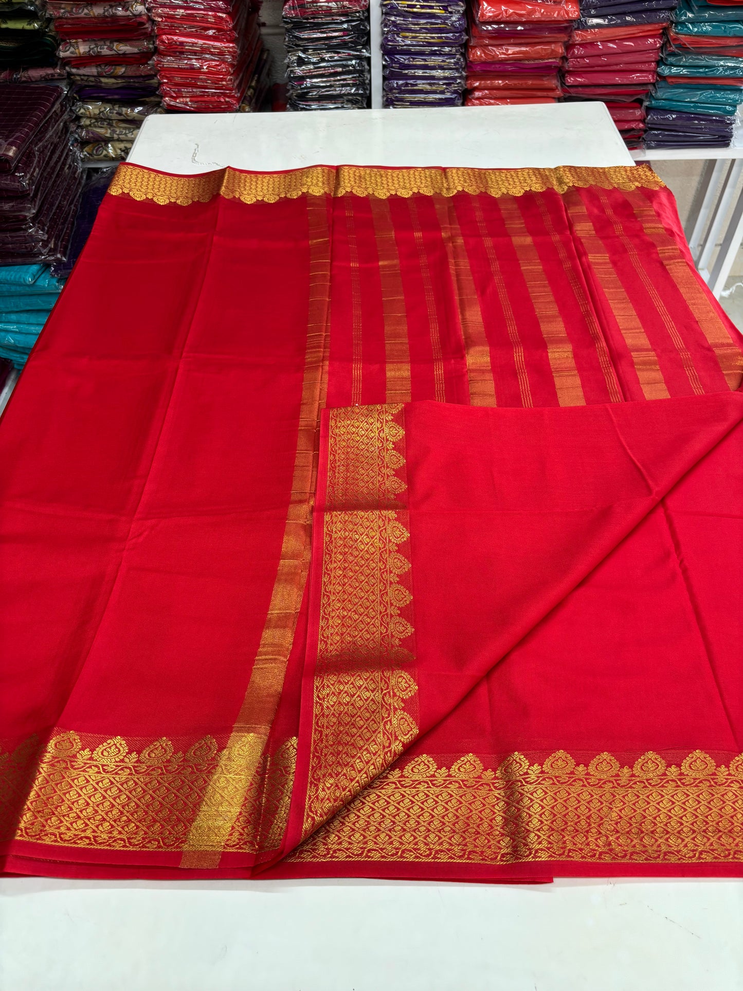 Semi Mysore Crepe (Self, Premium, Medium Size Border)
