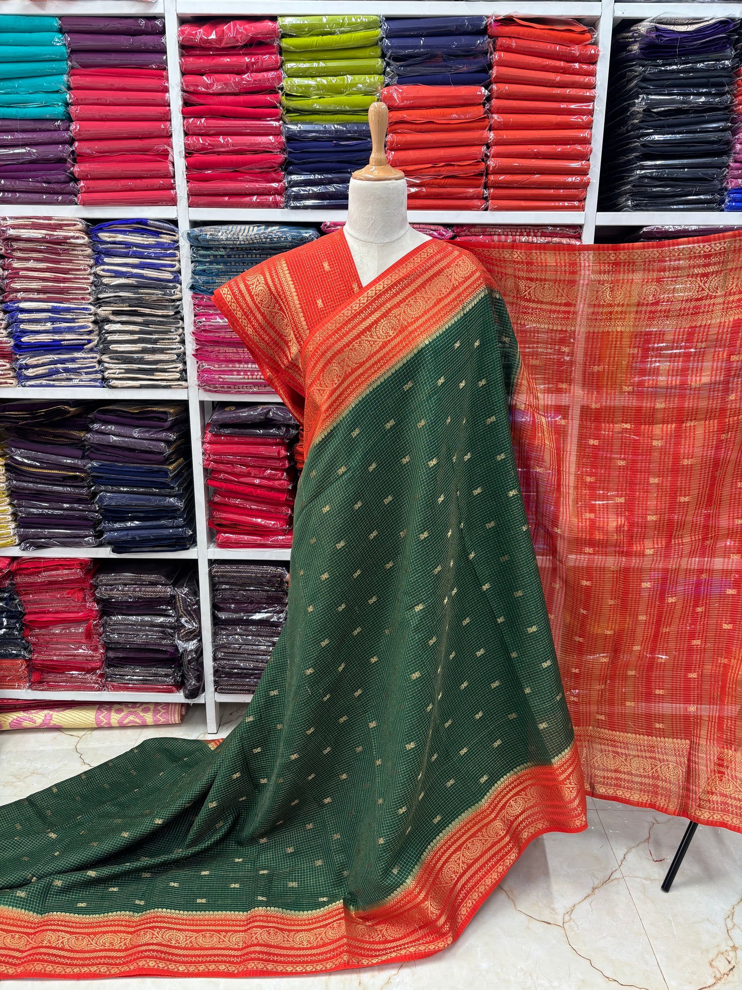 Semi Mysore Crepe (Checks and Butterfly Motifs)