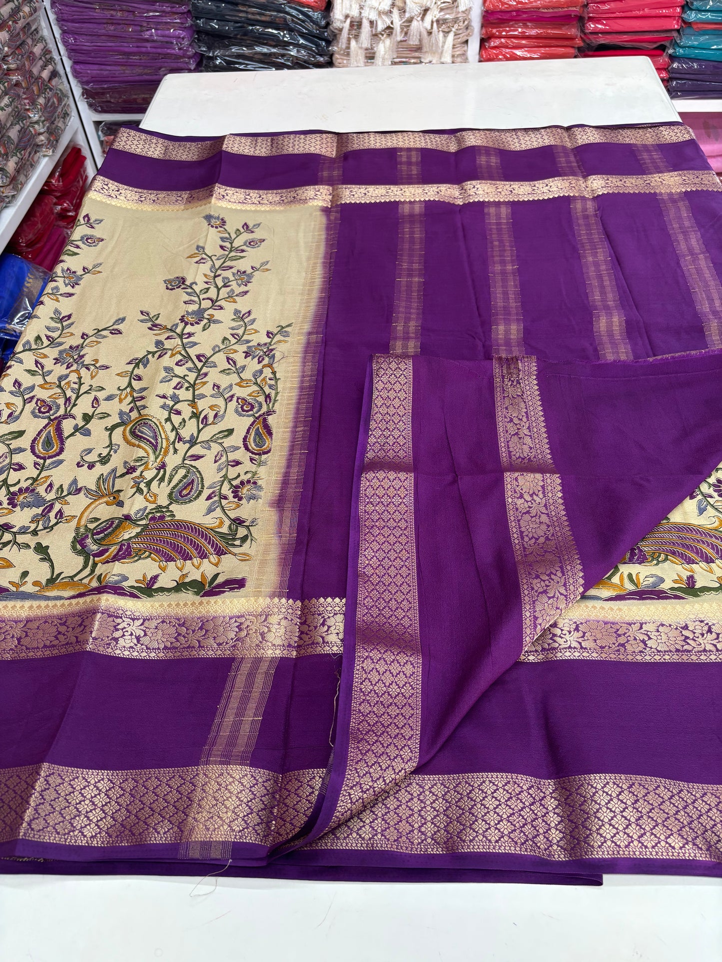 Semi Mysore Crepe (Peacock Kalamkari Print)