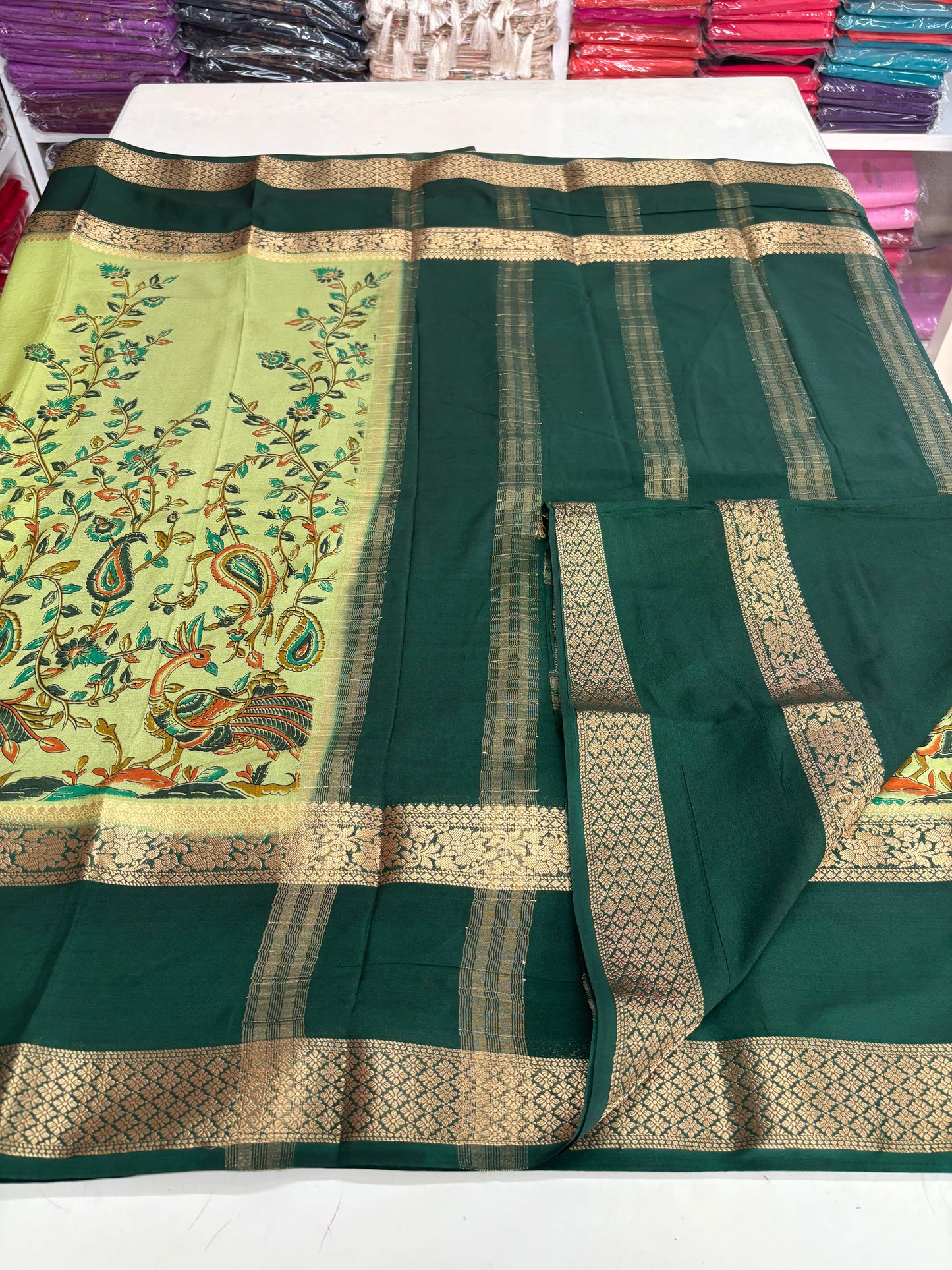 Semi Mysore Crepe (Peacock Kalamkari Print)