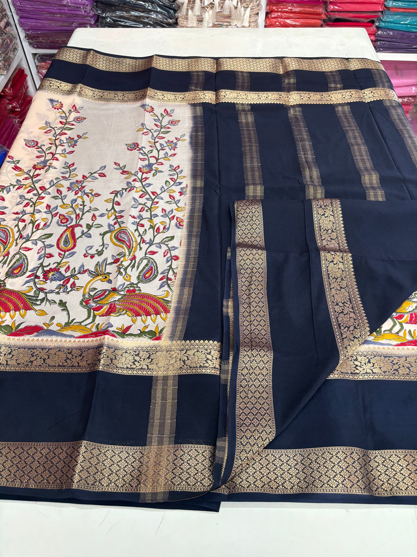 Semi Mysore Crepe (Peacock Kalamkari Print)