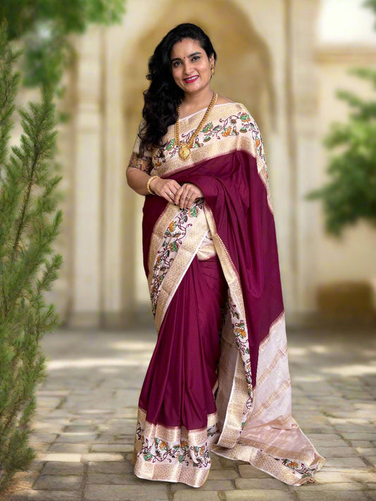 Semi Mysore Crepe (Border Floral Kalamkari Print with Printed Blouse)