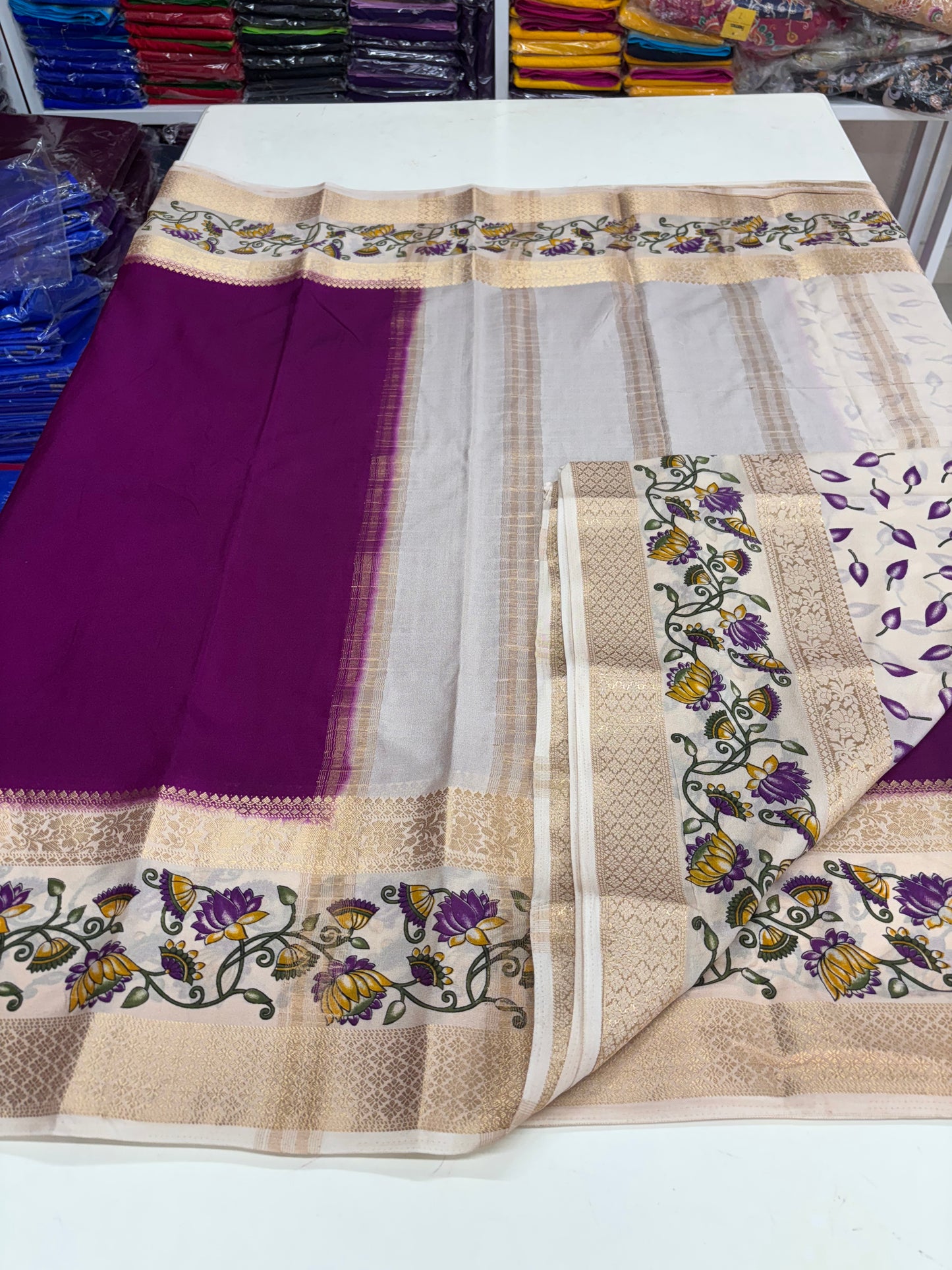 Semi Mysore Crepe (Border Floral Kalamkari Print with Printed Blouse)