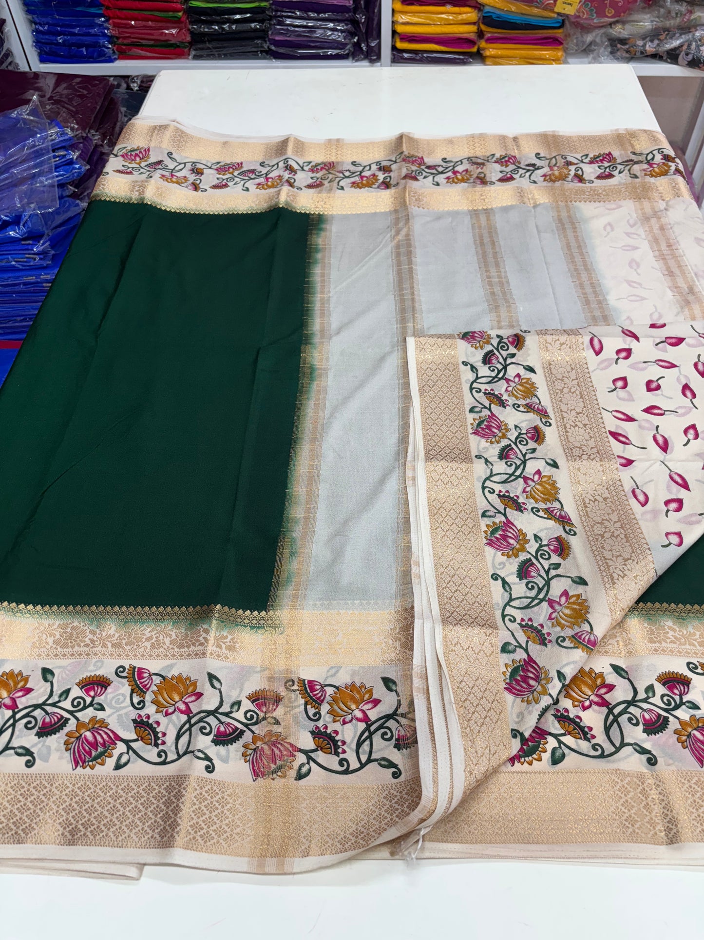 Semi Mysore Crepe (Border Floral Kalamkari Print with Printed Blouse)