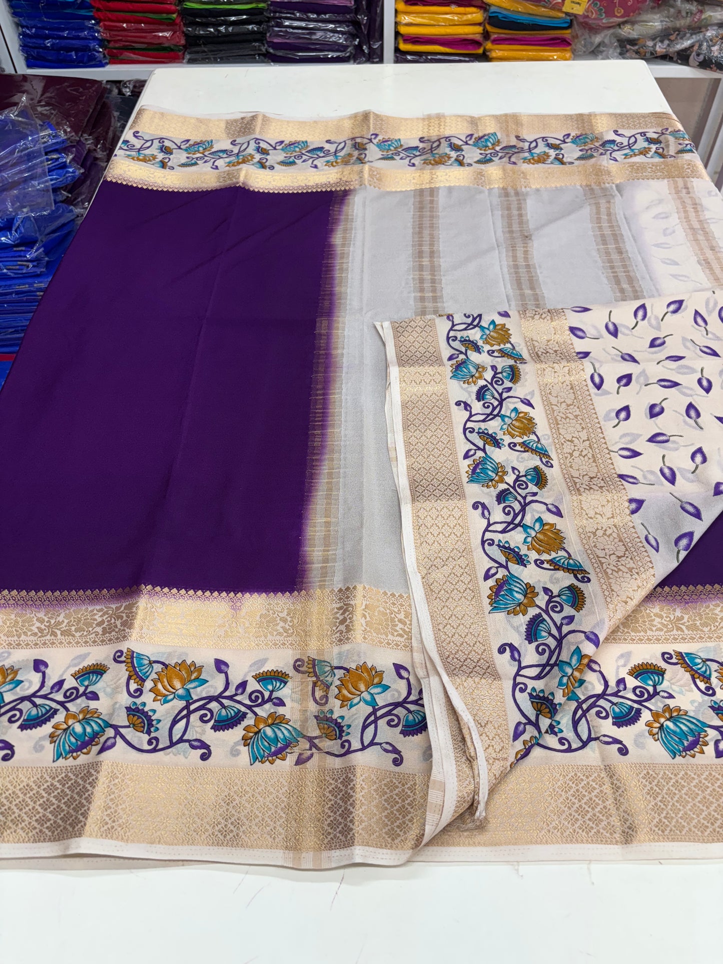 Semi Mysore Crepe (Border Floral Kalamkari Print with Printed Blouse)