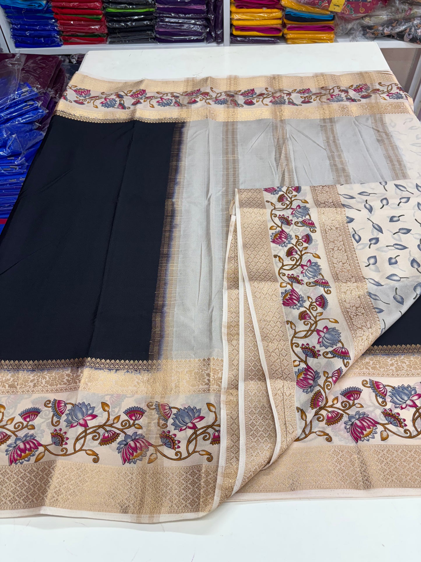 Semi Mysore Crepe (Border Floral Kalamkari Print with Printed Blouse)
