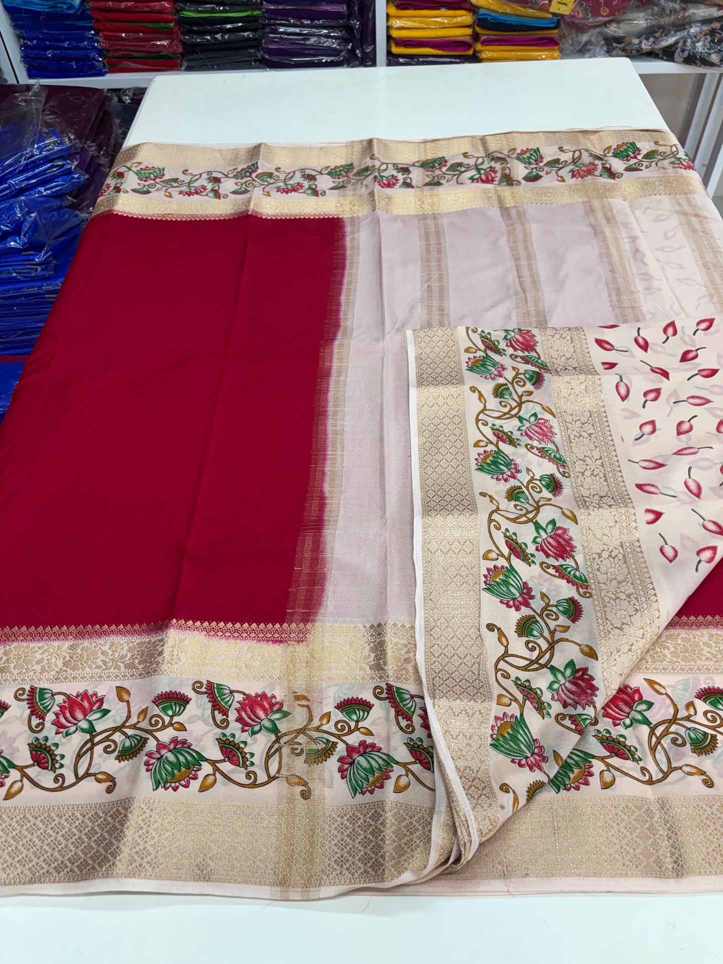 Semi Mysore Crepe (Border Floral Kalamkari Print with Printed Blouse)