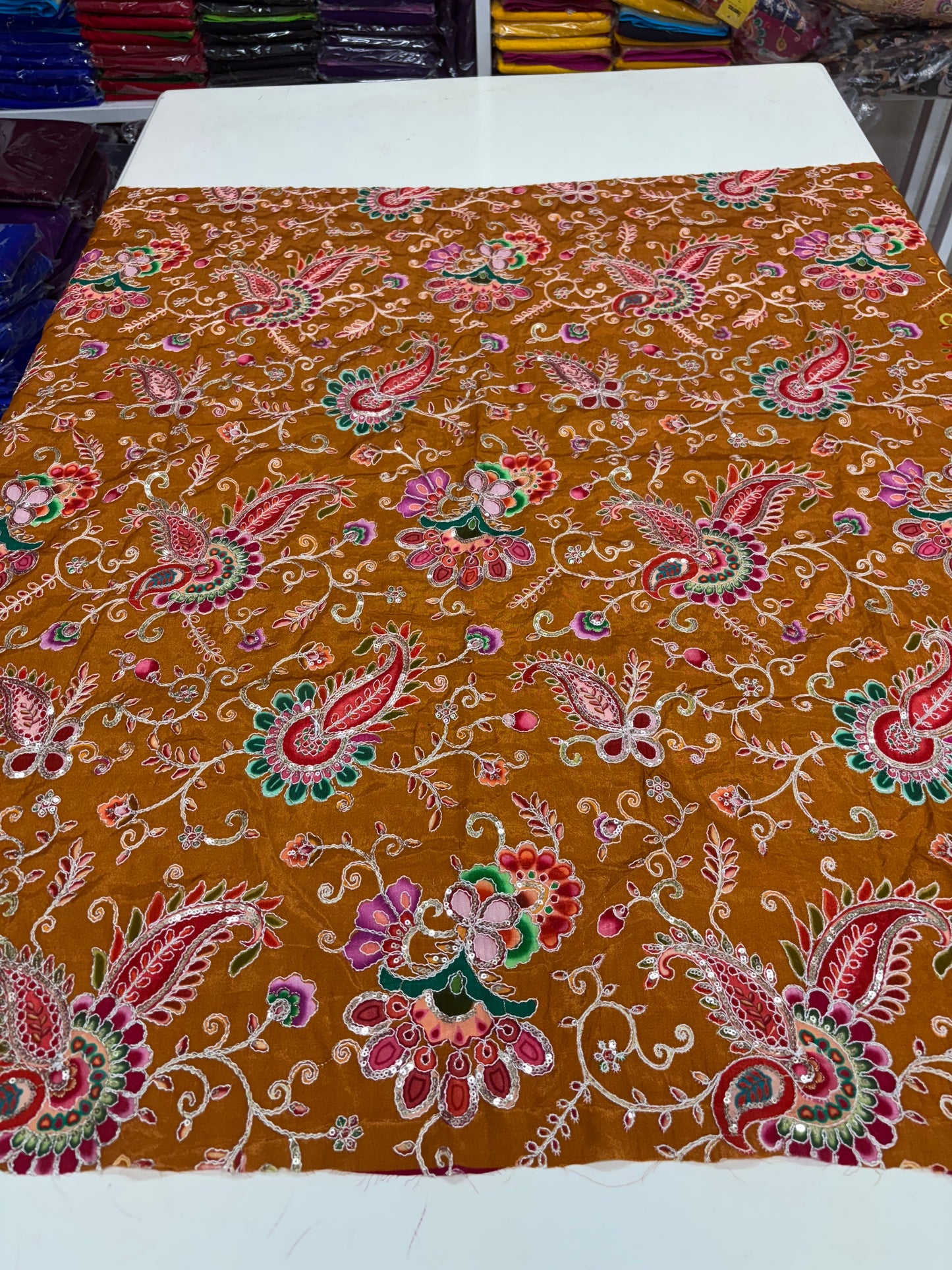 Kalamkari Blouse Fabric (HSSB5, Rich Mango & Floral Print with Heavy Positioning Work)