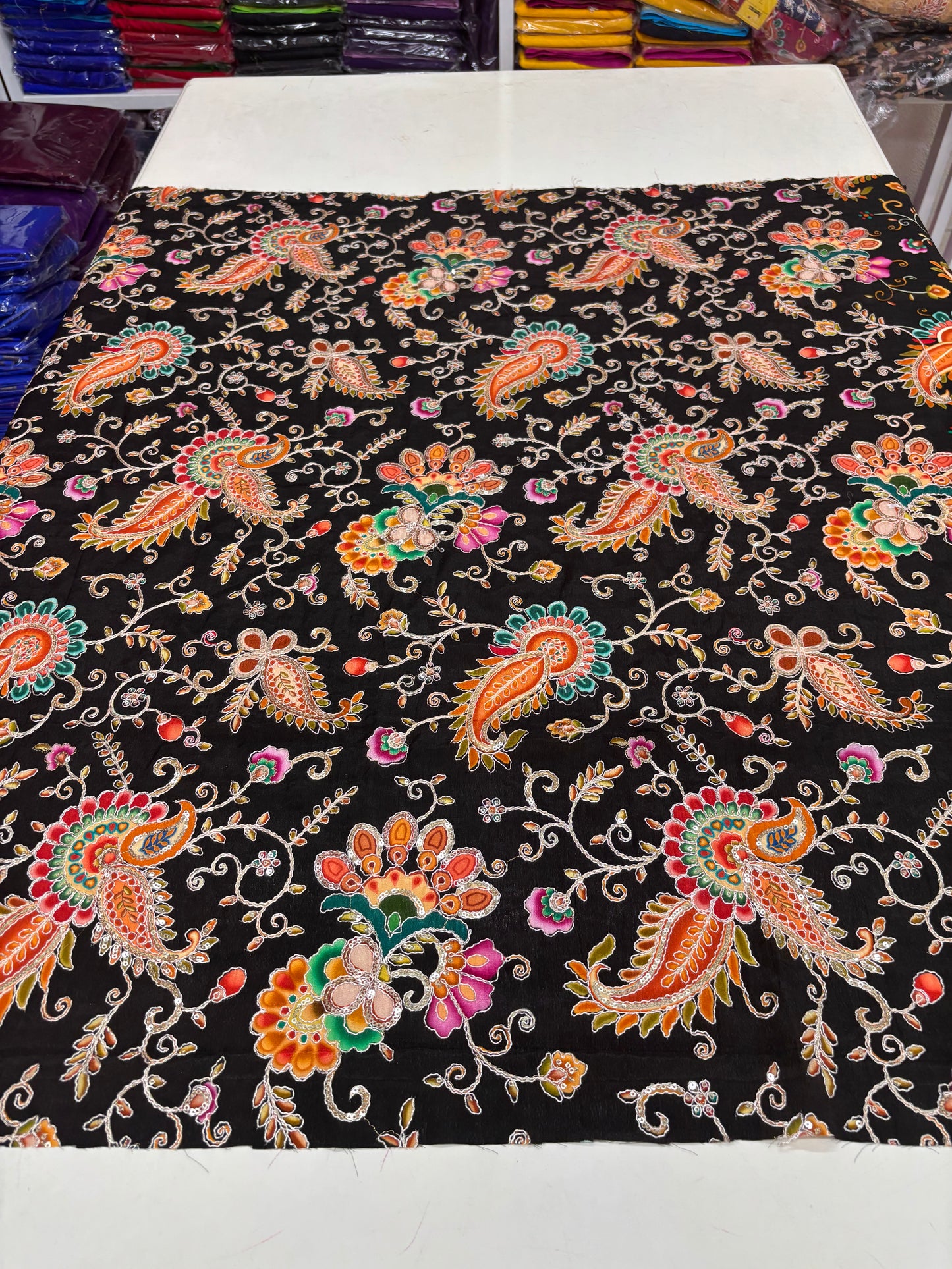 Kalamkari Blouse Fabric (HSSB5, Rich Mango & Floral Print with Heavy Positioning Work)