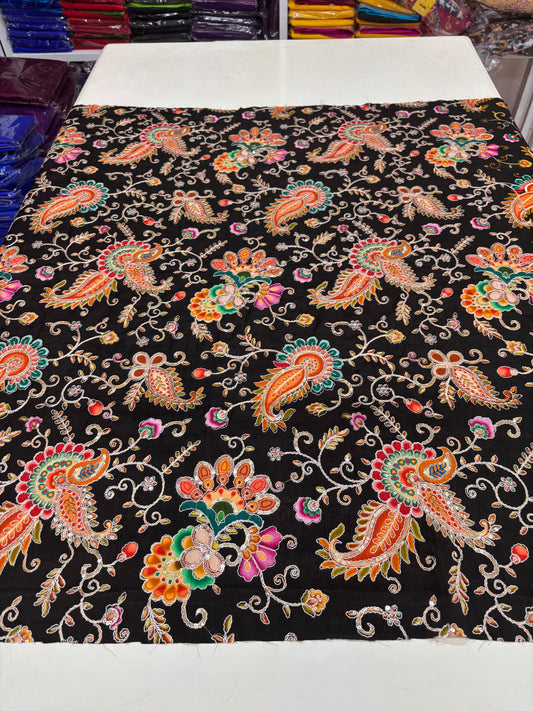 Kalamkari Blouse Fabric (HSSB5, Rich Mango & Floral Print with Heavy Positioning Work)