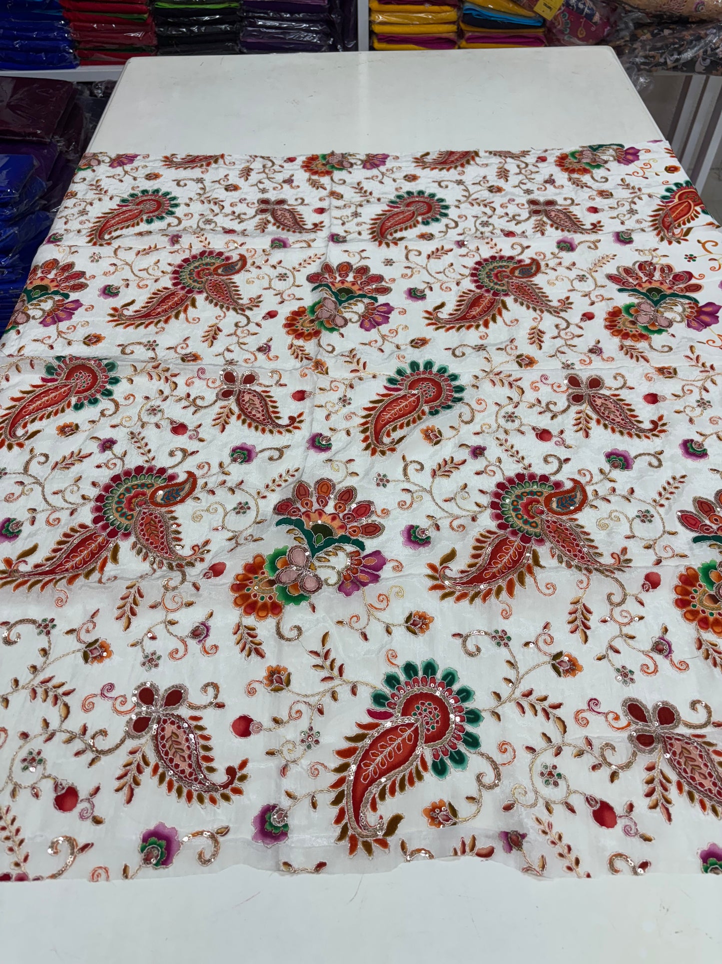 Kalamkari Blouse Fabric (HSSB5, Rich Mango & Floral Print with Heavy Positioning Work)