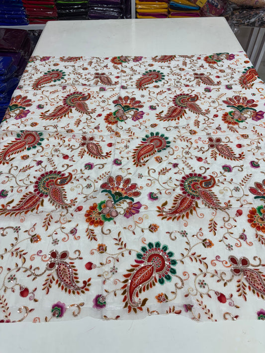 Kalamkari Blouse Fabric (HSSB5, Rich Mango & Floral Print with Heavy Positioning Work)
