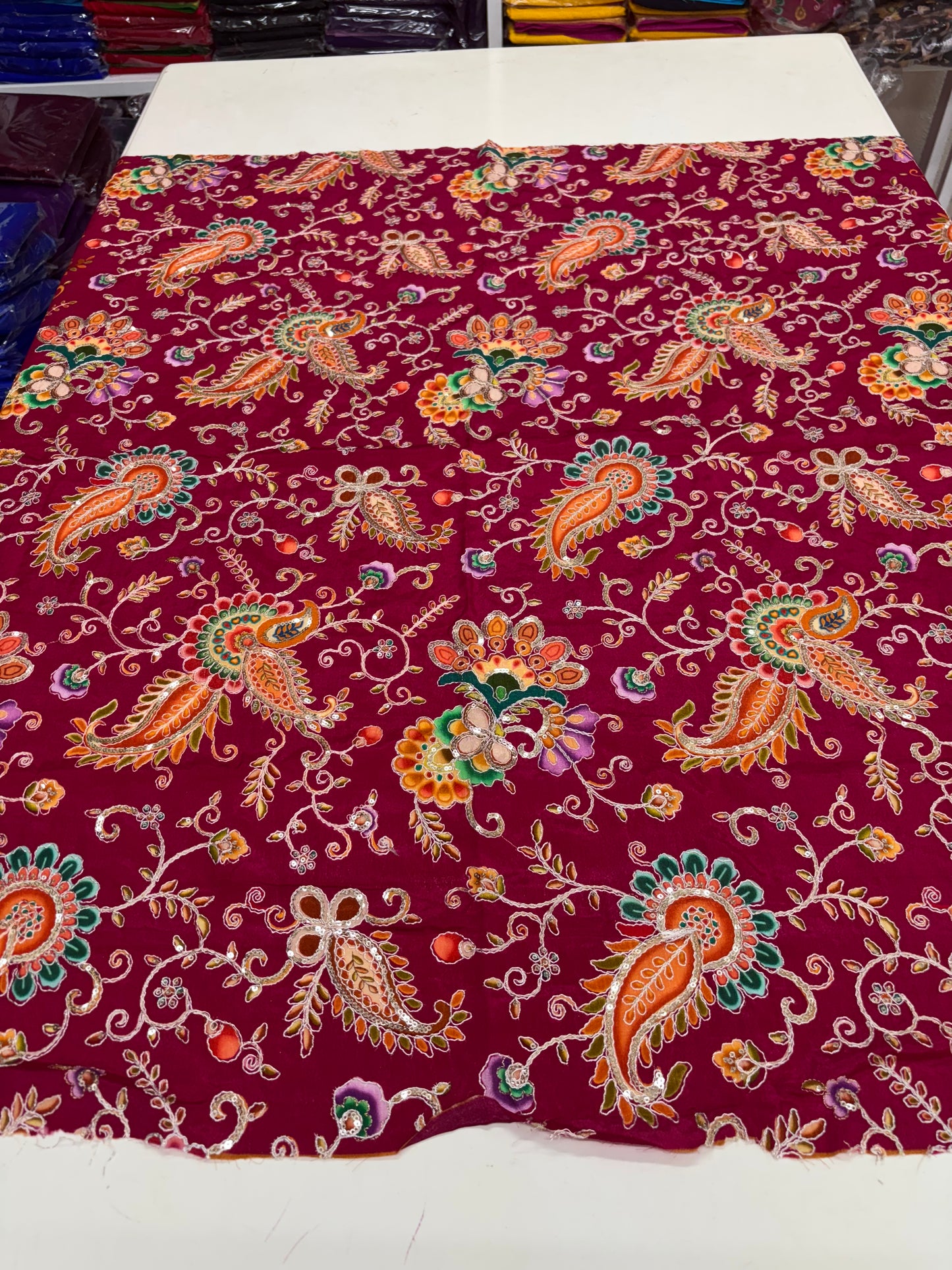 Kalamkari Blouse Fabric (HSSB5, Rich Mango & Floral Print with Heavy Positioning Work)