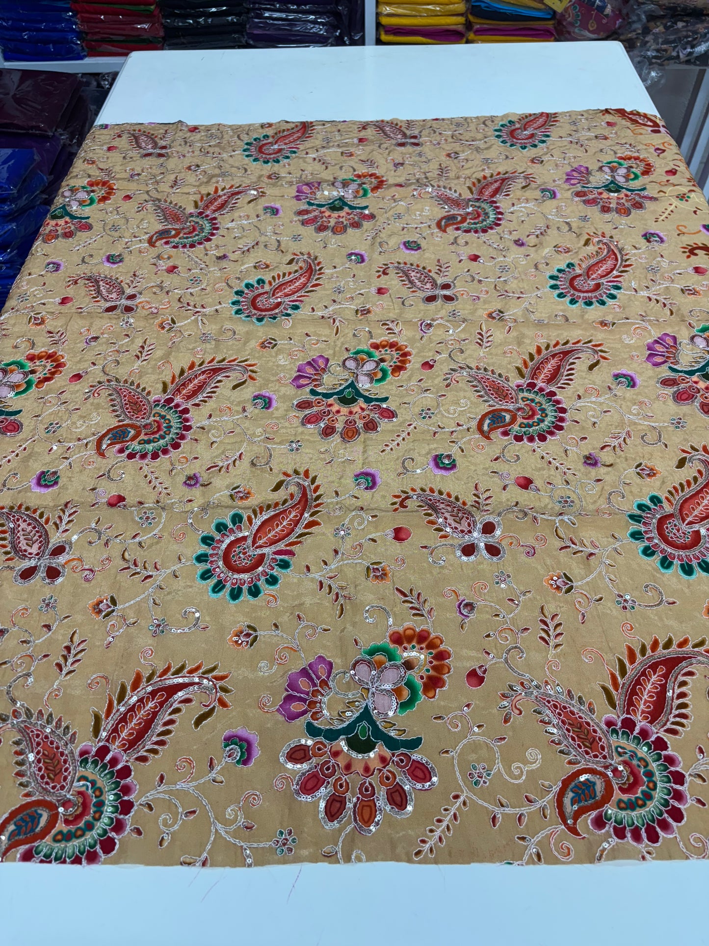 Kalamkari Blouse Fabric (HSSB5, Rich Mango & Floral Print with Heavy Positioning Work)