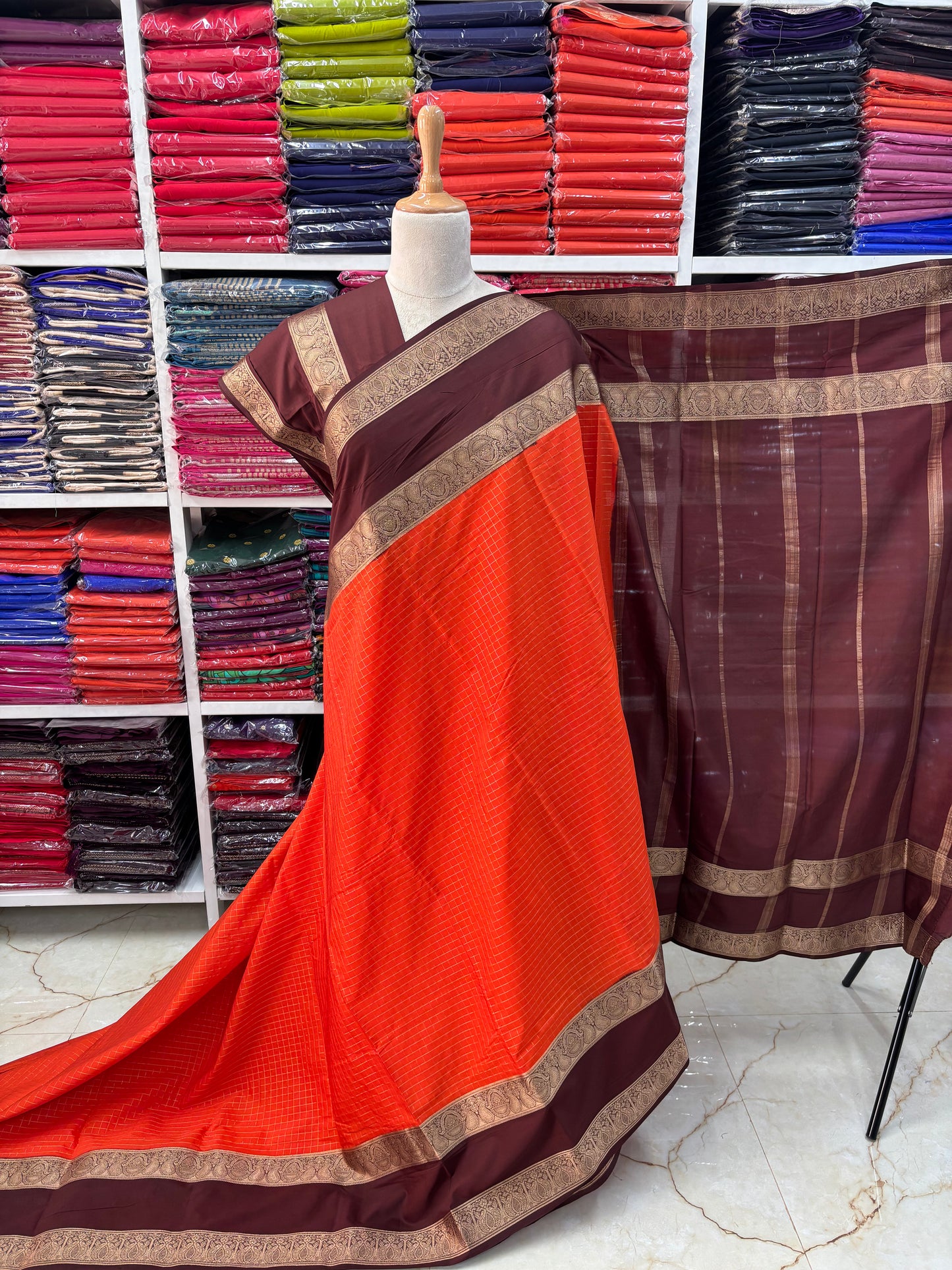 Semi Mysore Crepe (Checks, Mango and Mayuri Bentex Border)