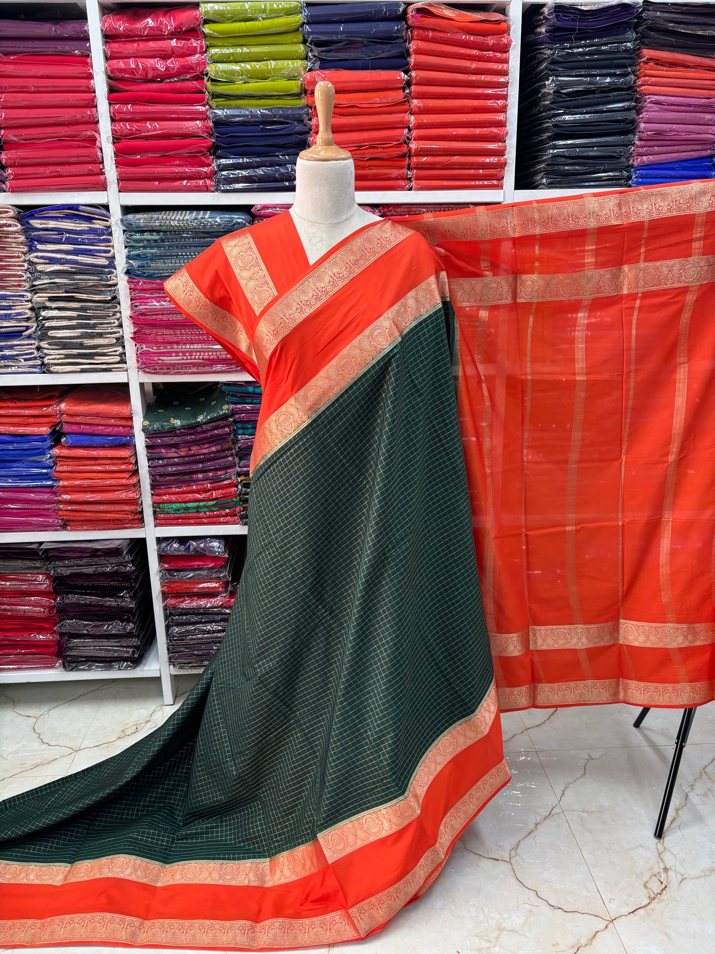 Semi Mysore Crepe (Checks, Mango and Mayuri Bentex Border)