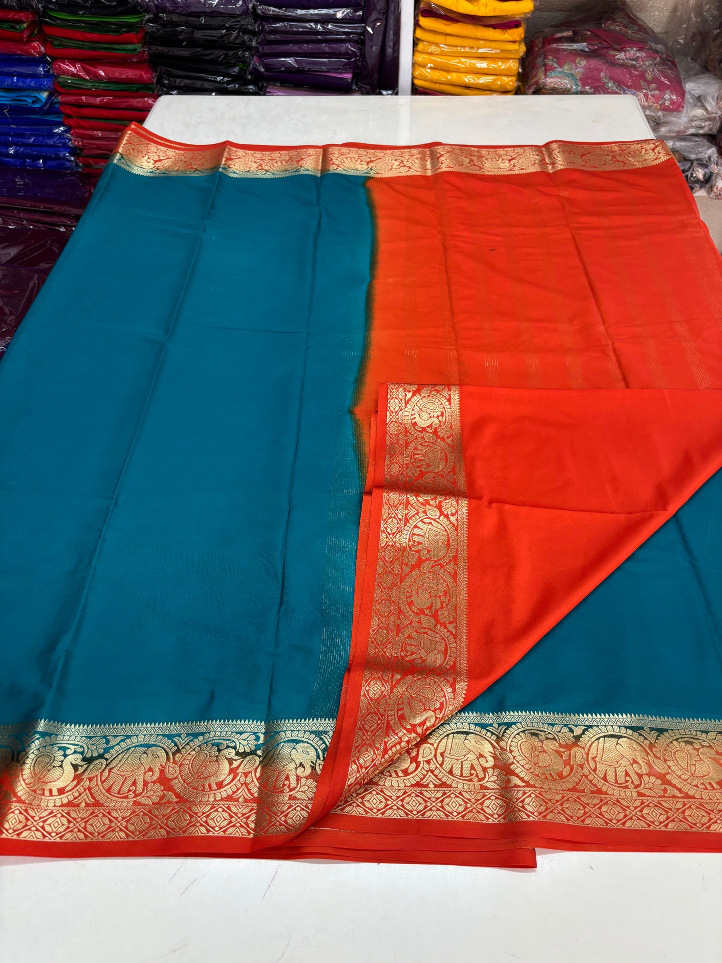 Semi Mysore Crepe (Premium, Contrast, Elephant and Peacock Border)