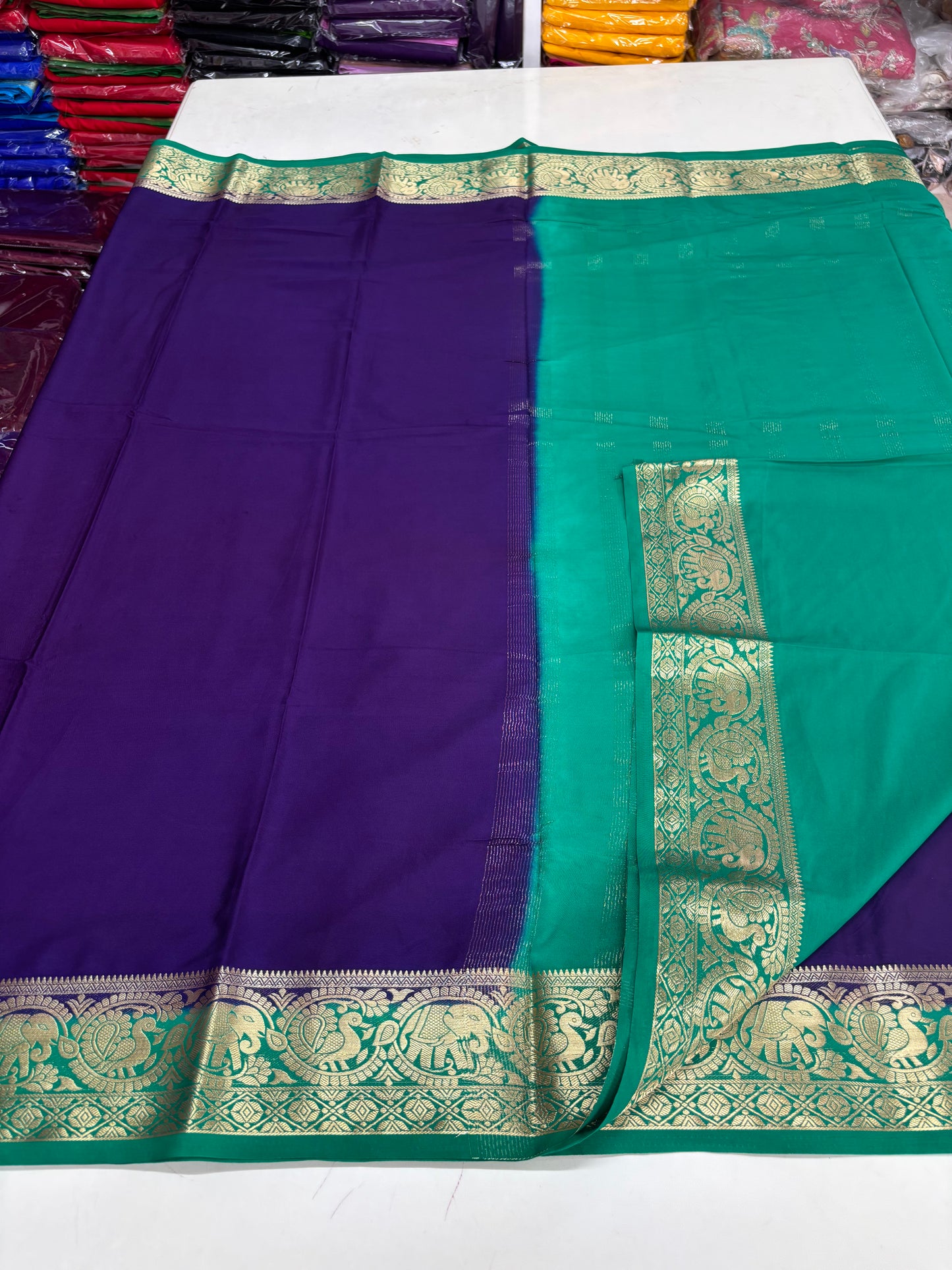 Semi Mysore Crepe (Premium, Contrast, Elephant and Peacock Border)