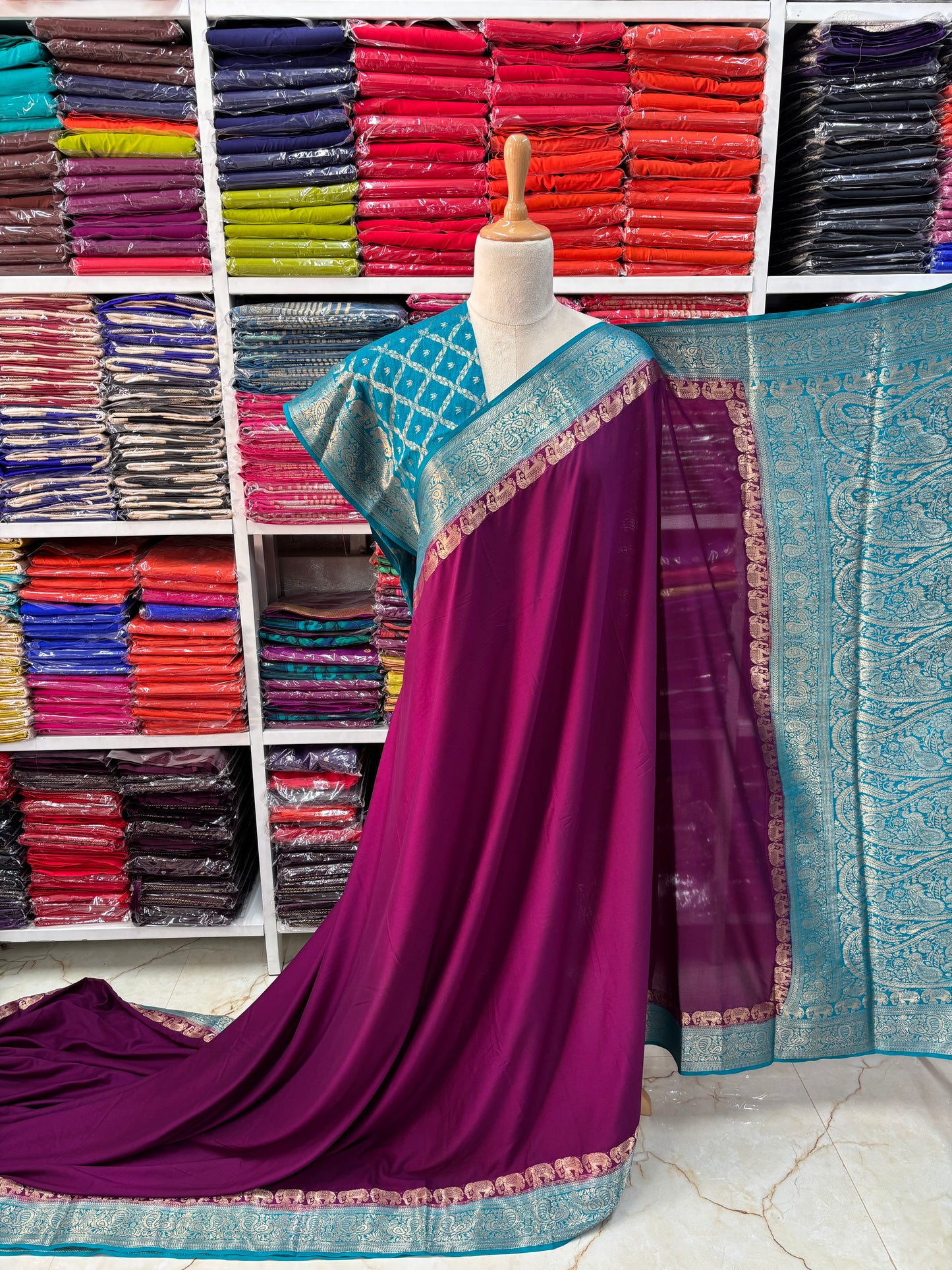 Semi Mysore Crepe (Marching Elephants Border)