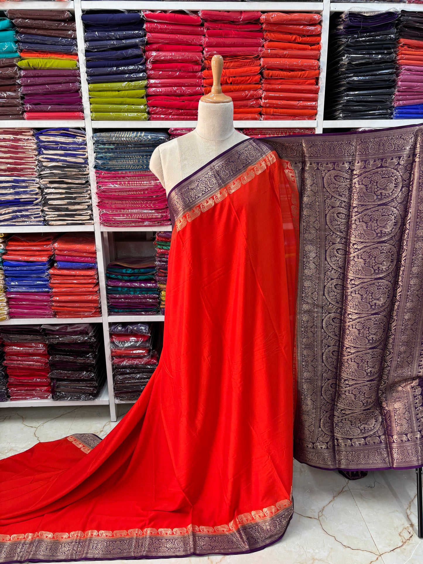 Semi Mysore Crepe (Marching Elephants Border)