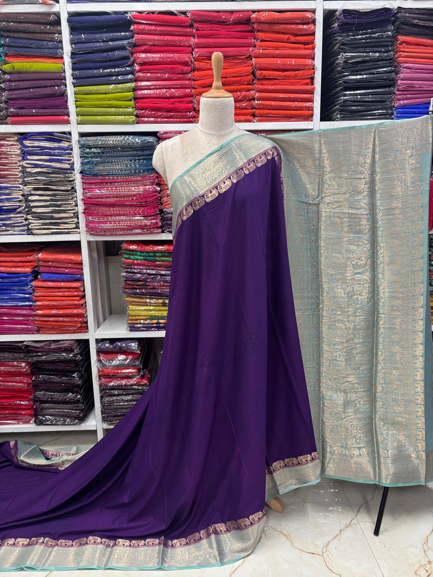 Semi Mysore Crepe (Marching Elephants Border)