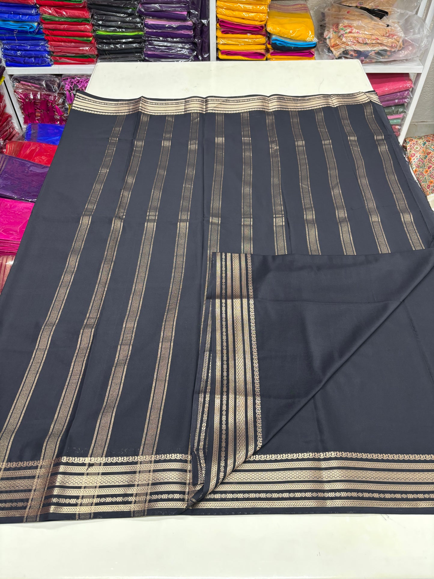Semi Mysore Crepe (Self, Medium Sequence Border)