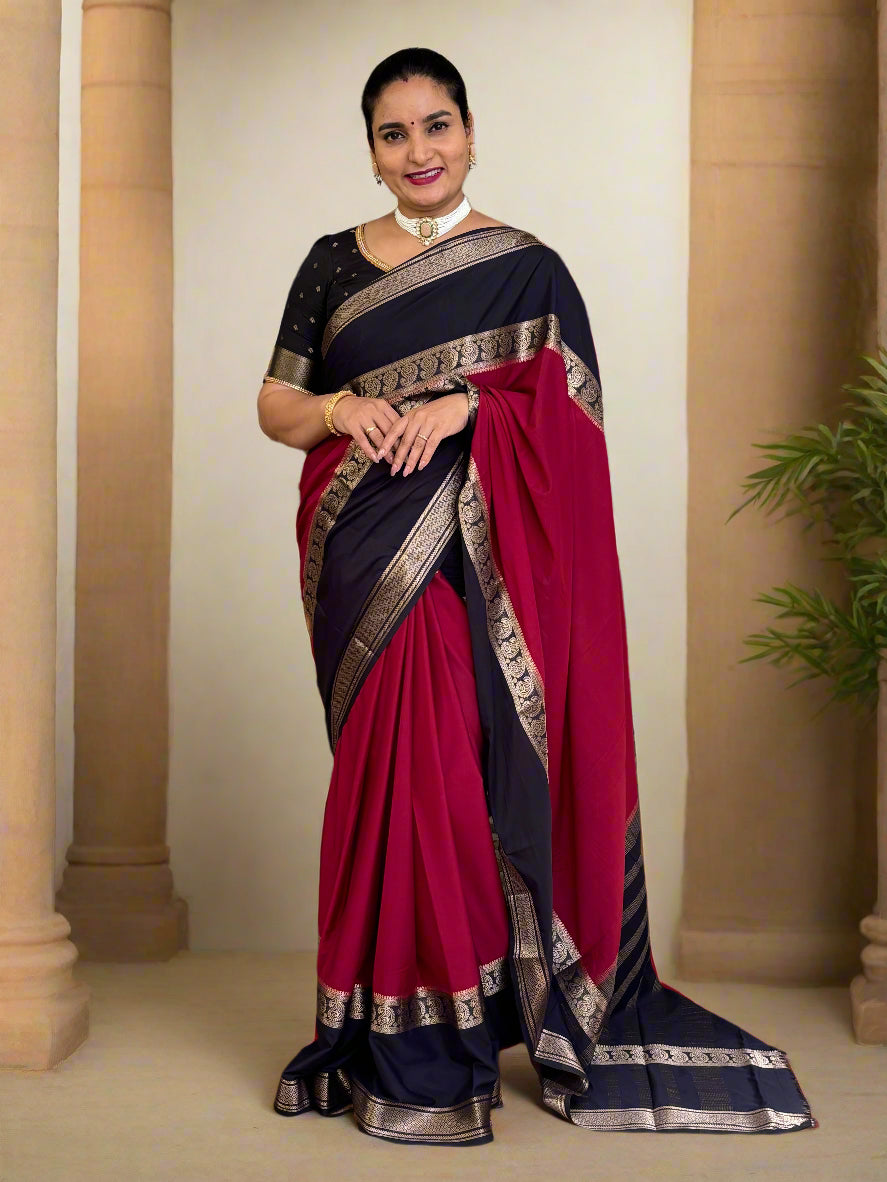 Semi Mysore Crepe (Premium, Contrast, Mango Big Bentex Border)