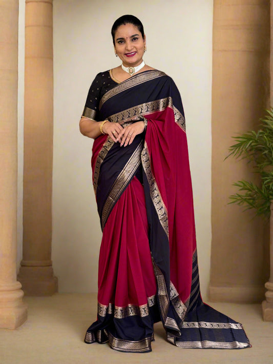 Semi Mysore Crepe (Premium, Contrast, Mango Big Bentex Border)