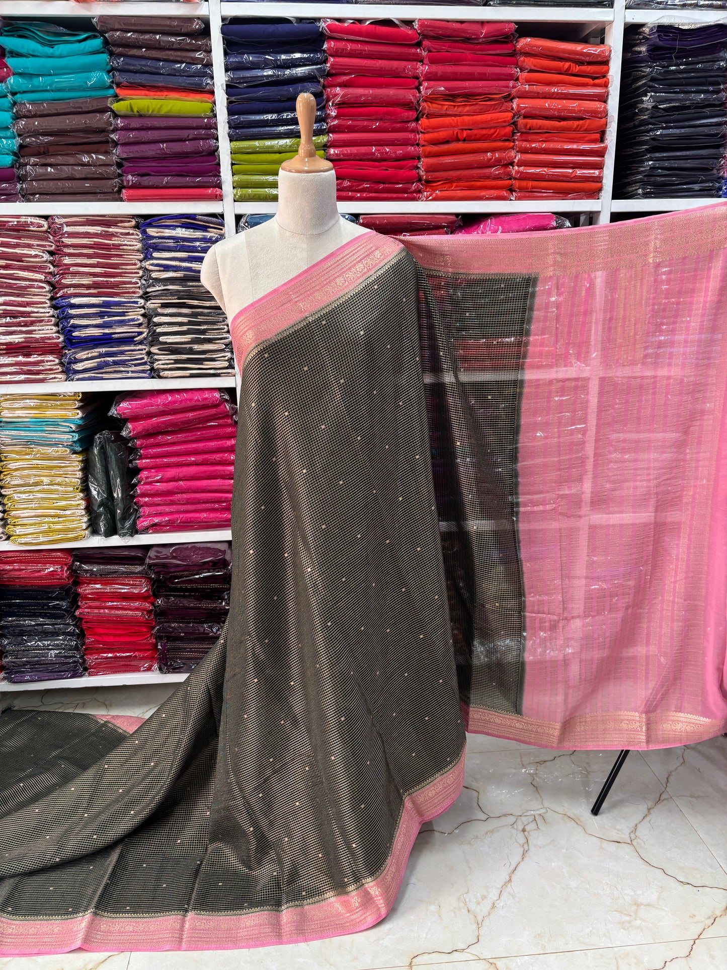 Semi Mysore Crepe (Premium, Checks & Brocade Blouse)