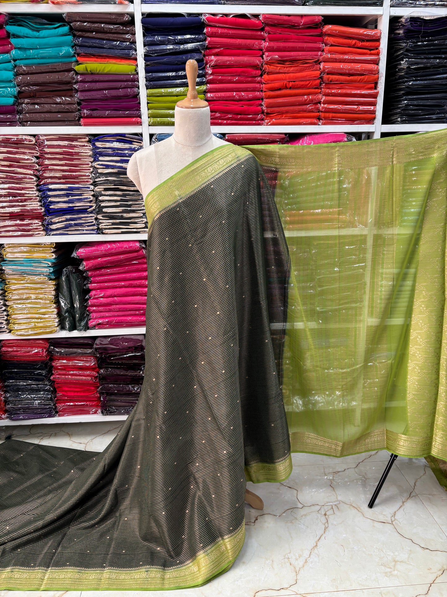 Semi Mysore Crepe (Premium, Checks & Brocade Blouse)