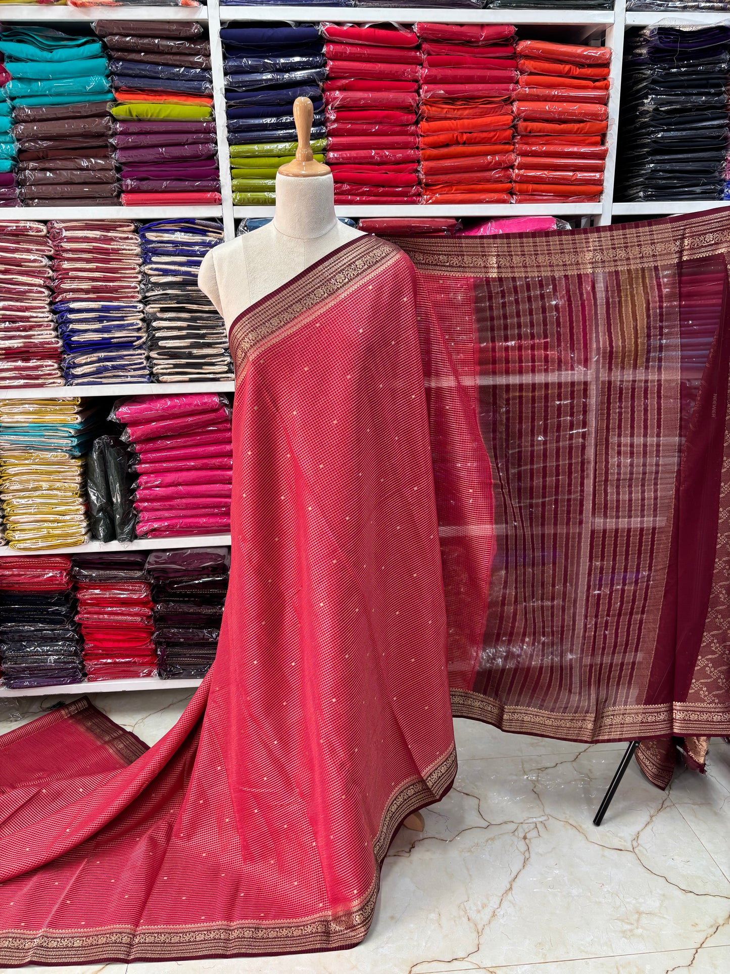 Semi Mysore Crepe (Premium, Checks & Brocade Blouse)