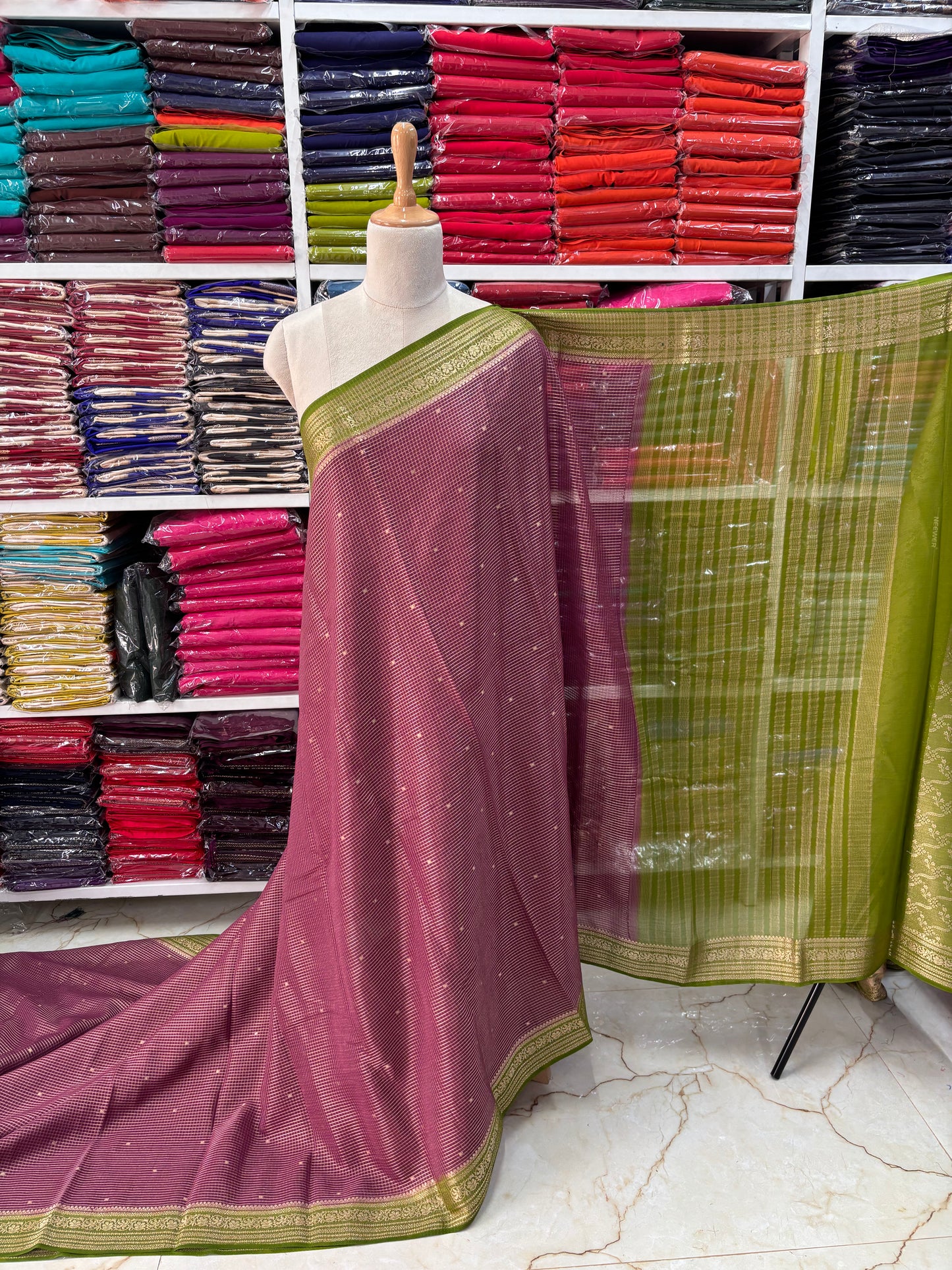 Semi Mysore Crepe (Premium, Checks & Brocade Blouse)