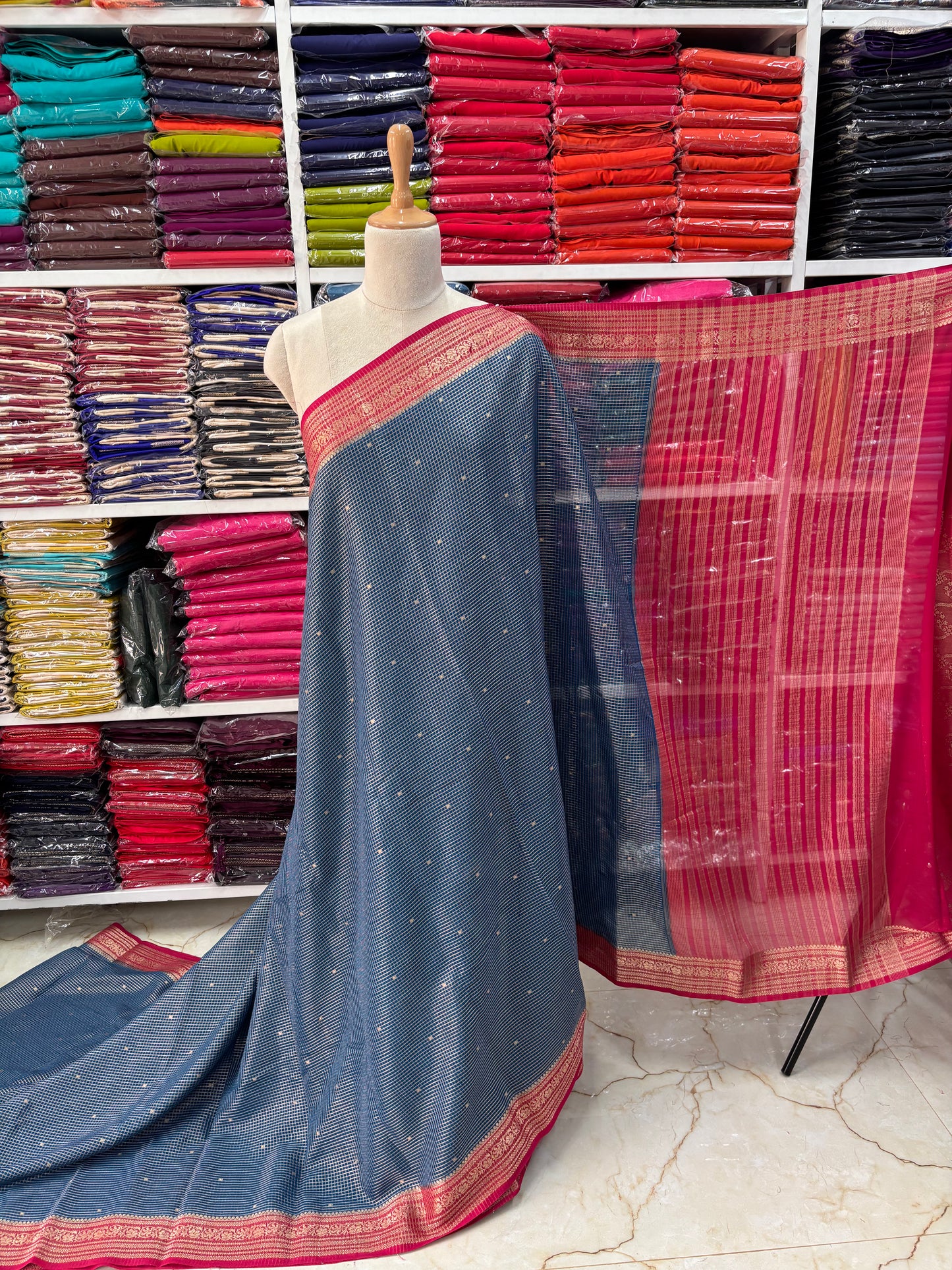 Semi Mysore Crepe (Premium, Checks & Brocade Blouse)