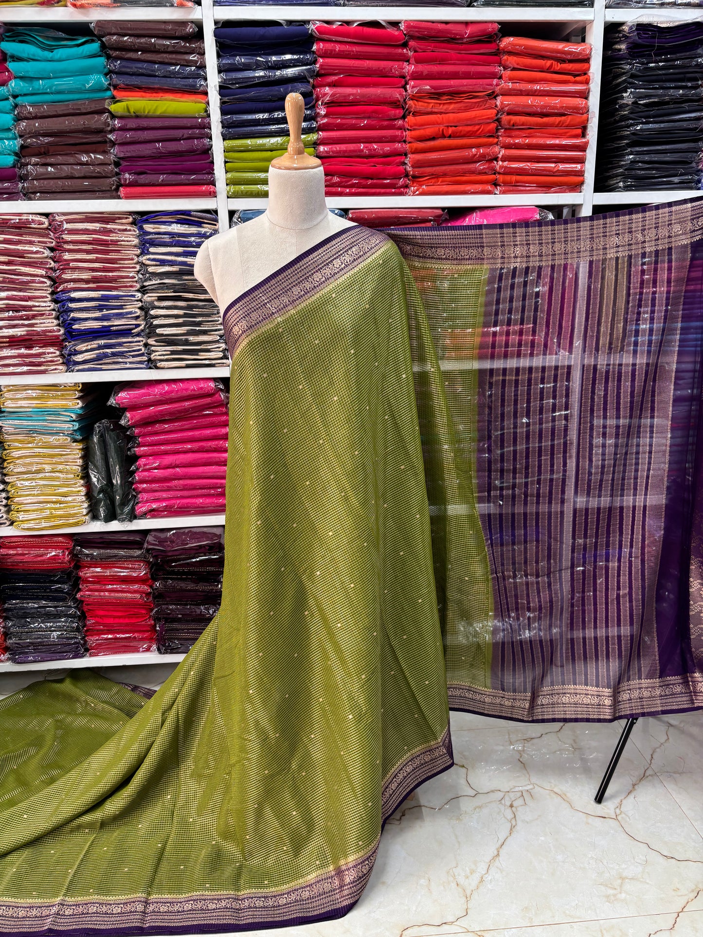 Semi Mysore Crepe (Premium, Checks & Brocade Blouse)