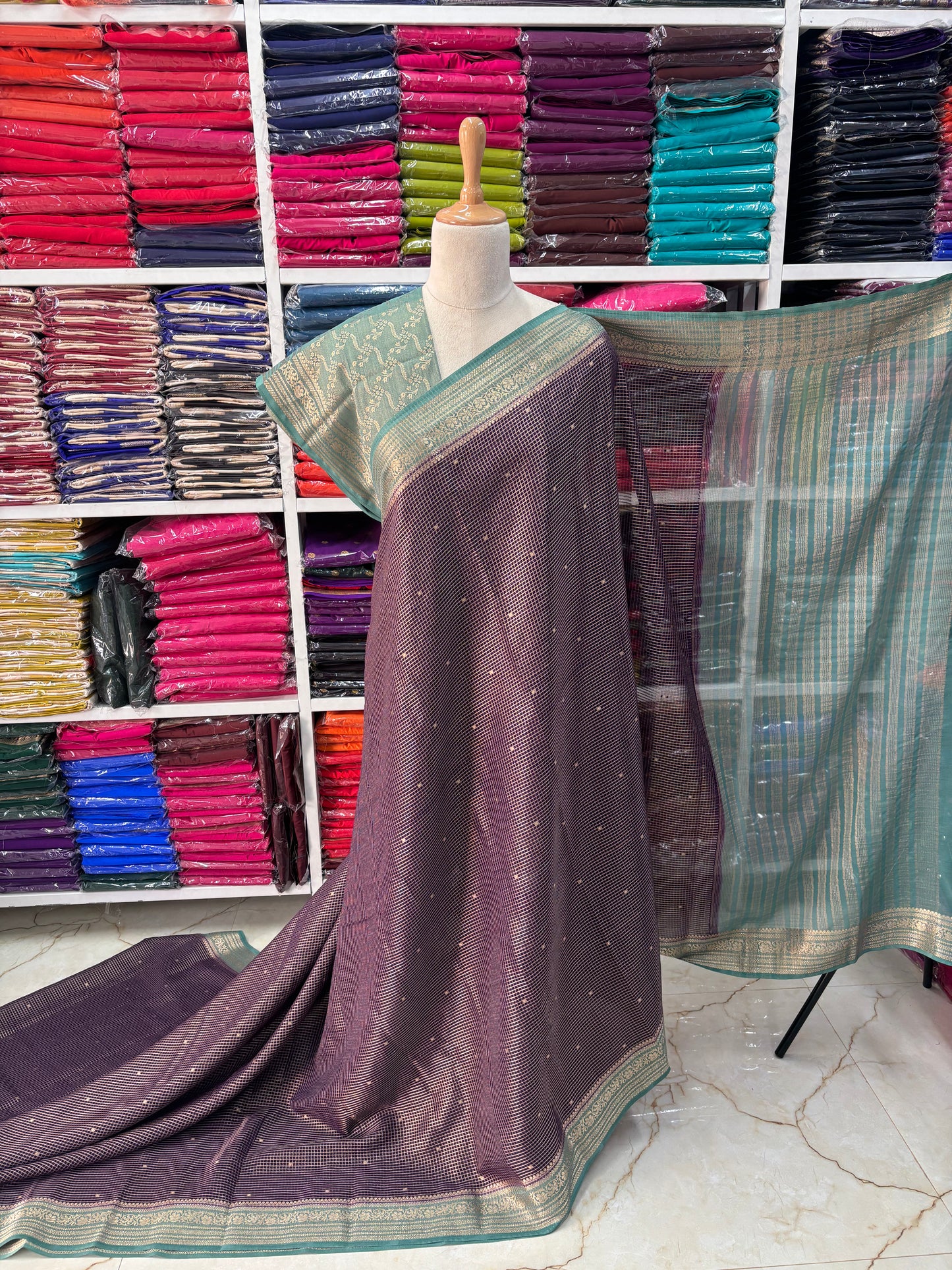 Semi Mysore Crepe (Premium, Checks & Brocade Blouse)