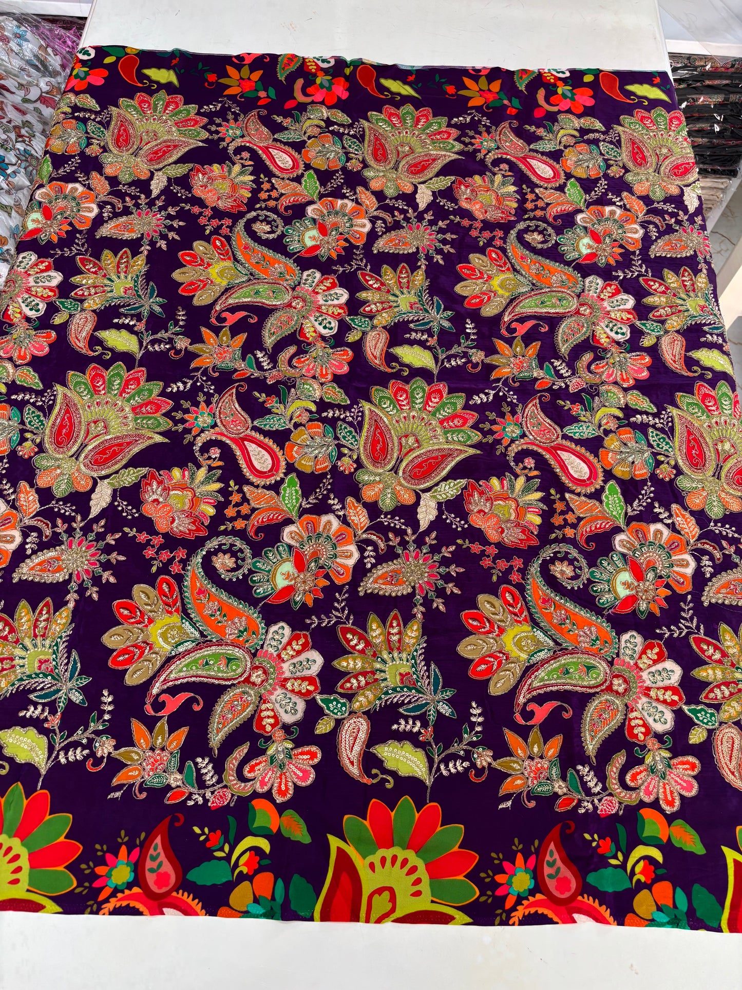 Kalamkari Blouse Fabric (HSSB4, Rich Mango & Floral Print with Heavy Positioning Work)