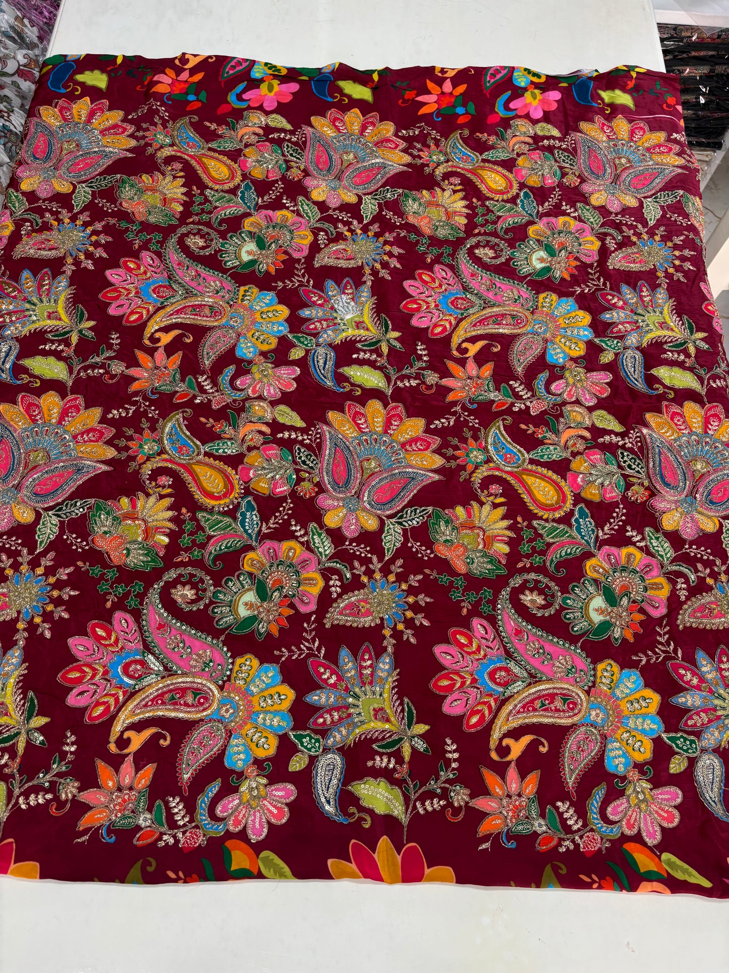 Kalamkari Blouse Fabric (HSSB4, Rich Mango & Floral Print with Heavy Positioning Work)