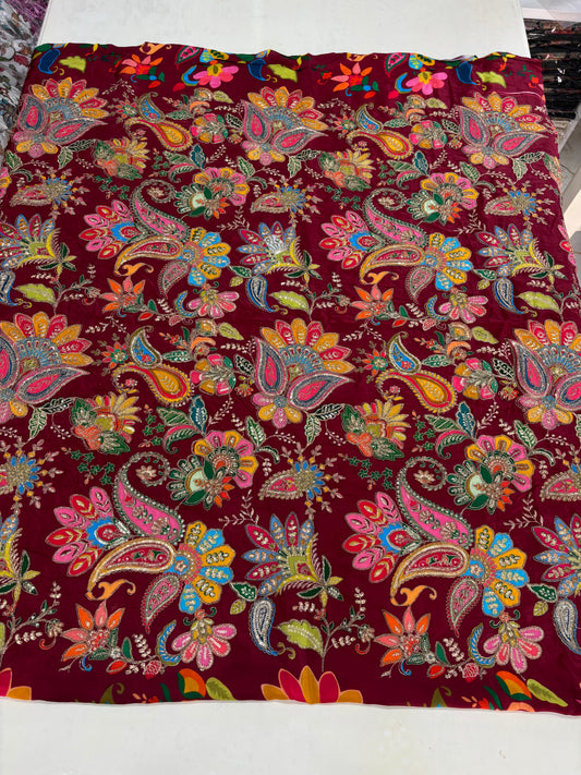 Kalamkari Blouse Fabric (HSSB4, Rich Mango & Floral Print with Heavy Positioning Work)