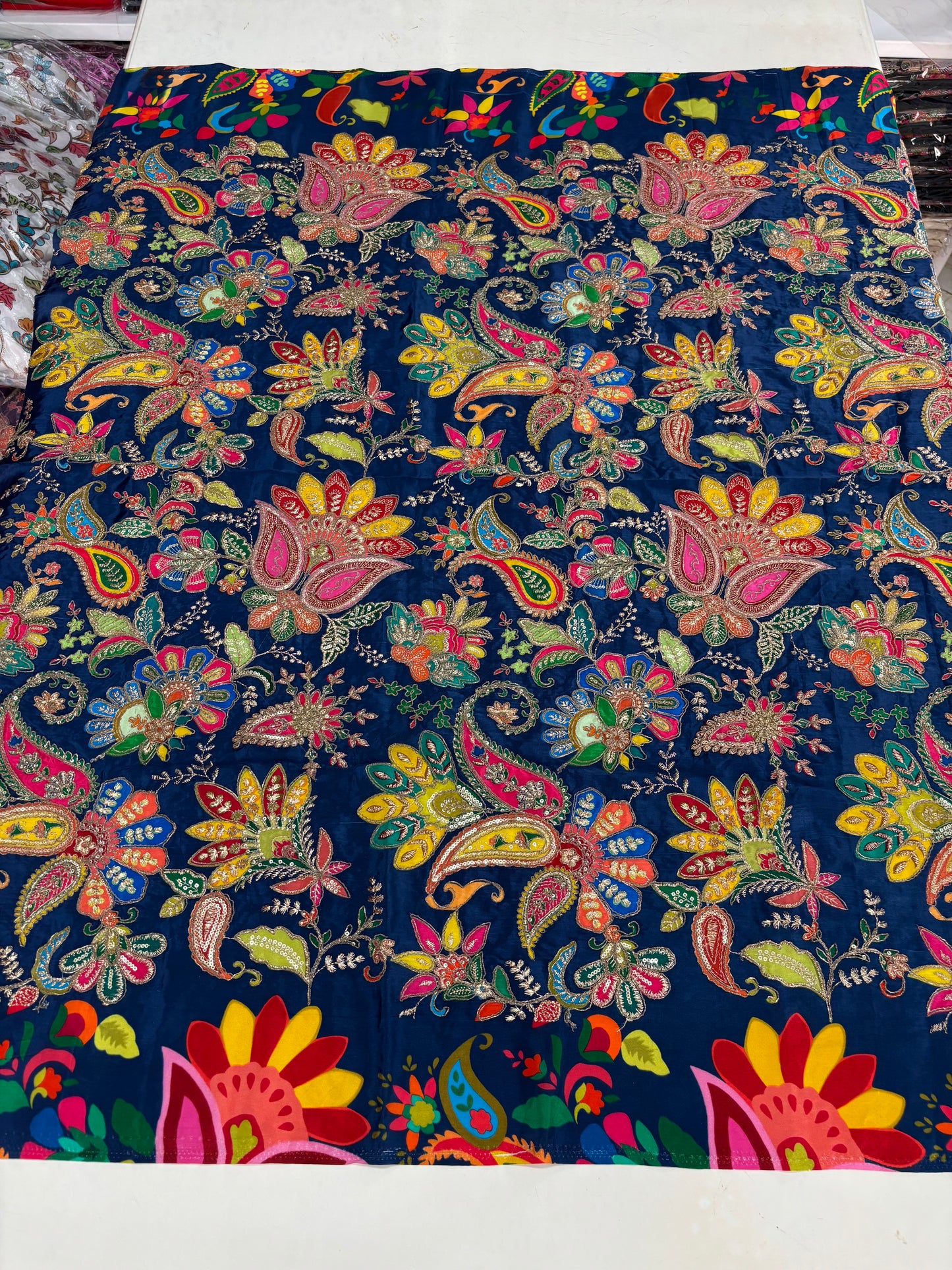 Kalamkari Blouse Fabric (HSSB4, Rich Mango & Floral Print with Heavy Positioning Work)