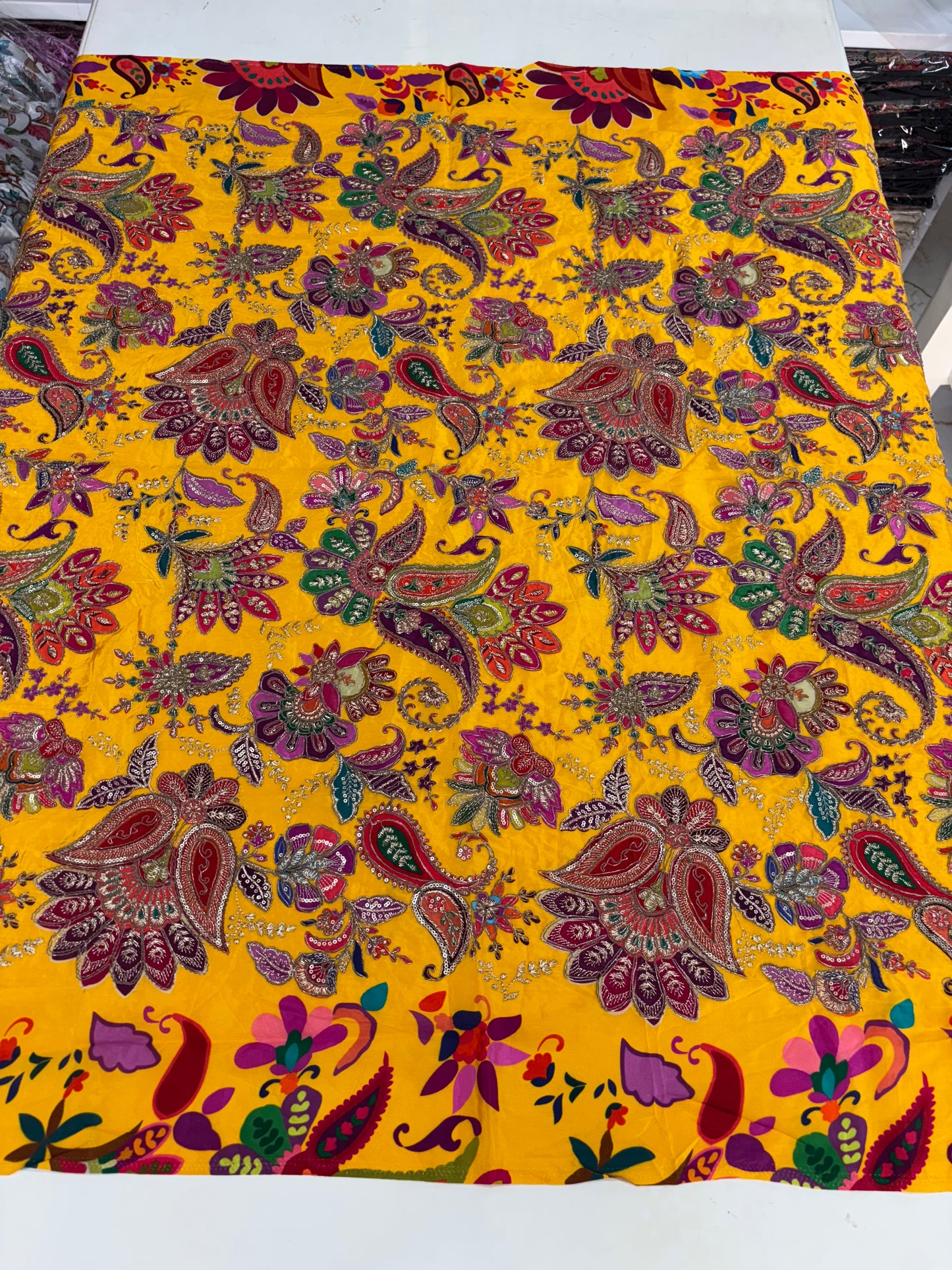 Kalamkari Blouse Fabric (HSSB4, Rich Mango & Floral Print with Heavy Positioning Work)
