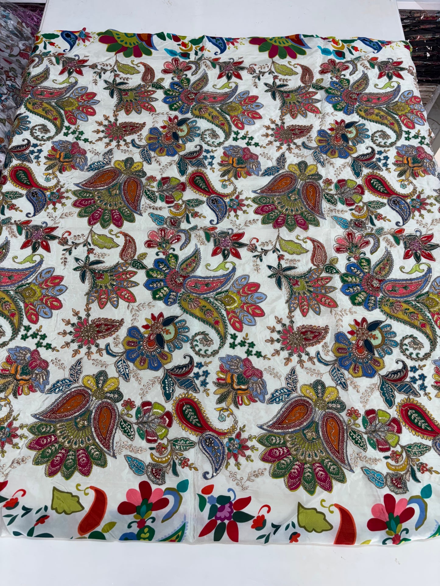 Kalamkari Blouse Fabric (HSSB4, Rich Mango & Floral Print with Heavy Positioning Work)