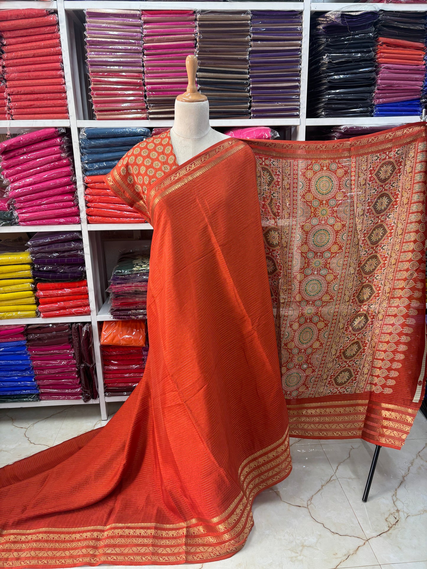 Semi Mysore Crepe (Printed Pallu and Blouse)