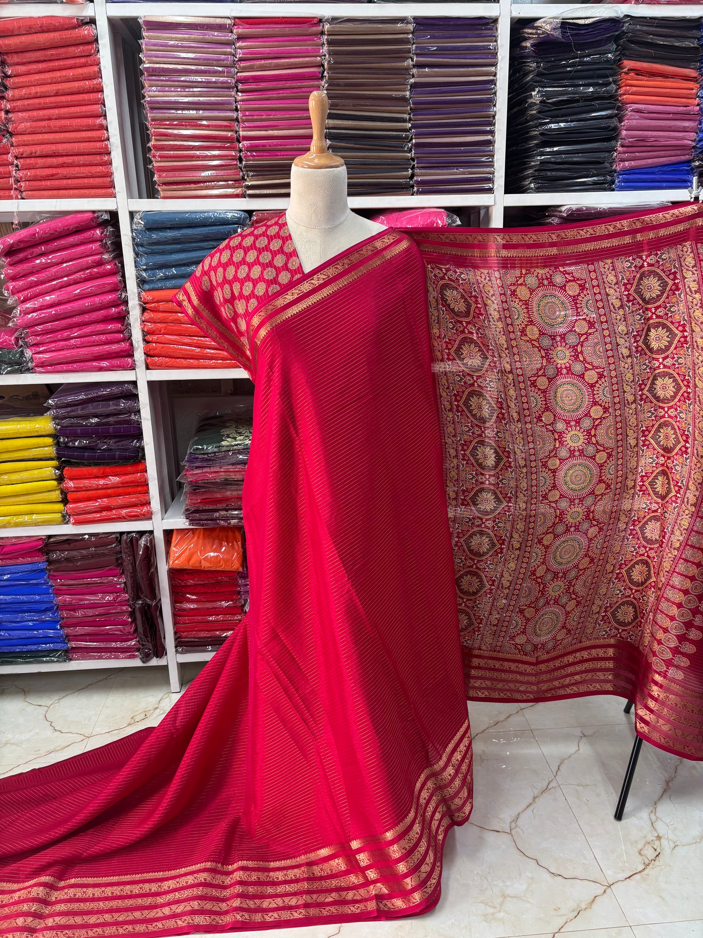 Semi Mysore Crepe (Printed Pallu and Blouse)