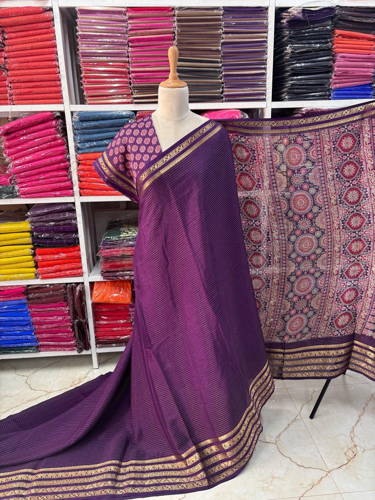 Semi Mysore Crepe (Printed Pallu and Blouse)