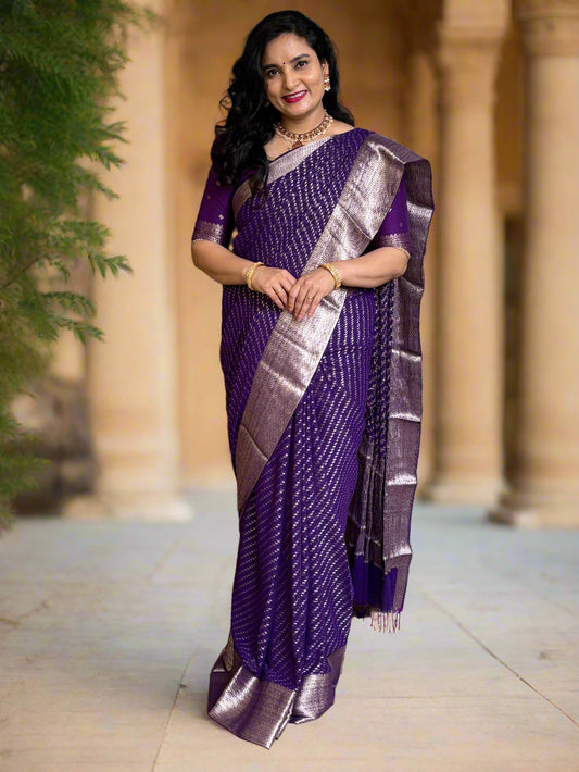 Georgette Chiffon (Self, Dotted Diagonal Lines and Rich Mango Pallu)