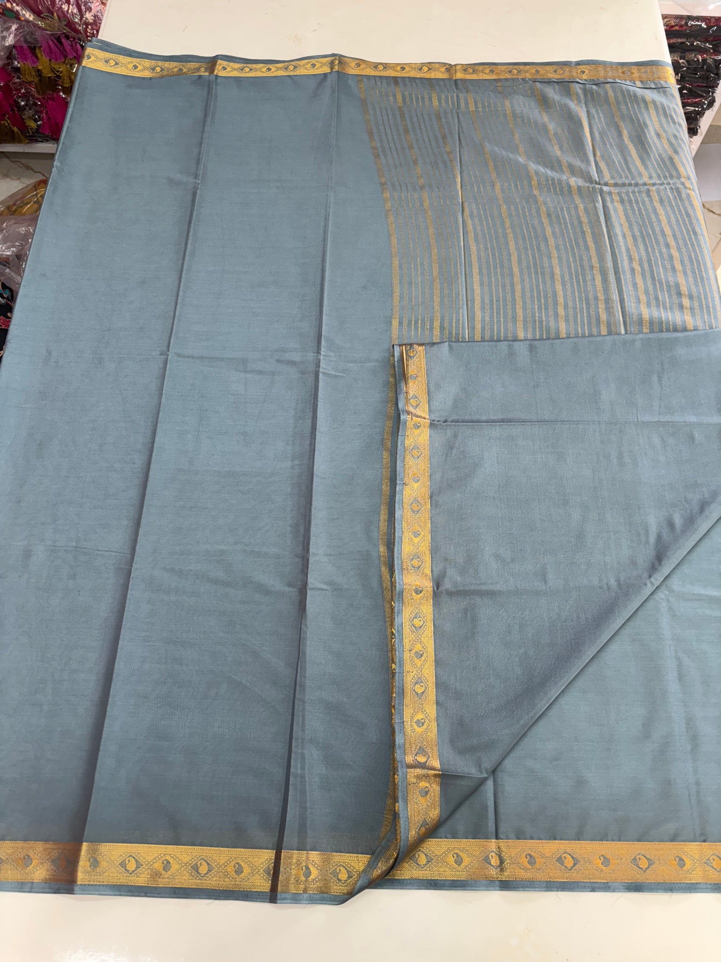 Semi Mysore Crepe (Self, Diamond and Mango 1 inch Border)