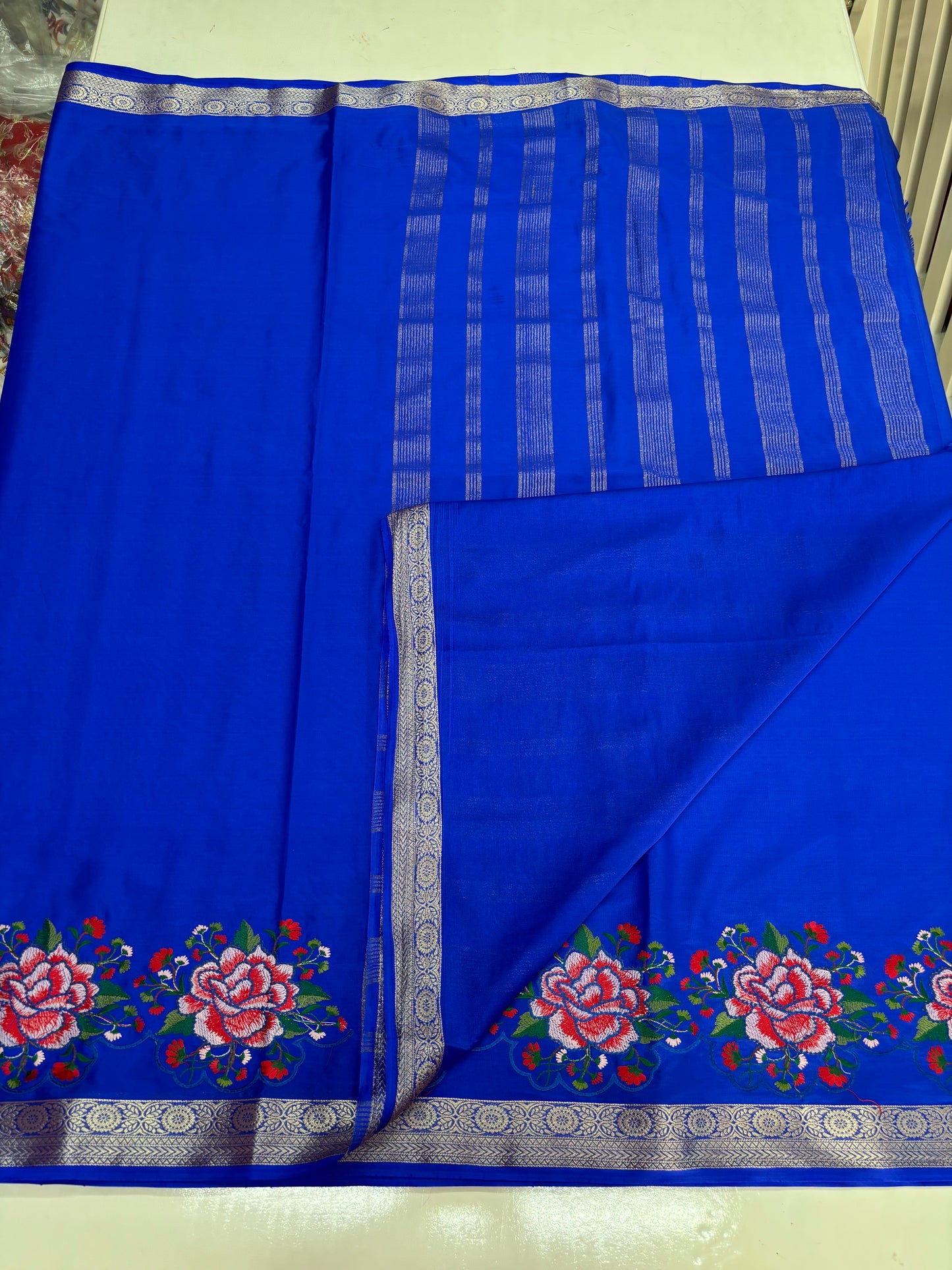 Semi Mysore Crepe (Self, Small Border, Rose Embroidery)