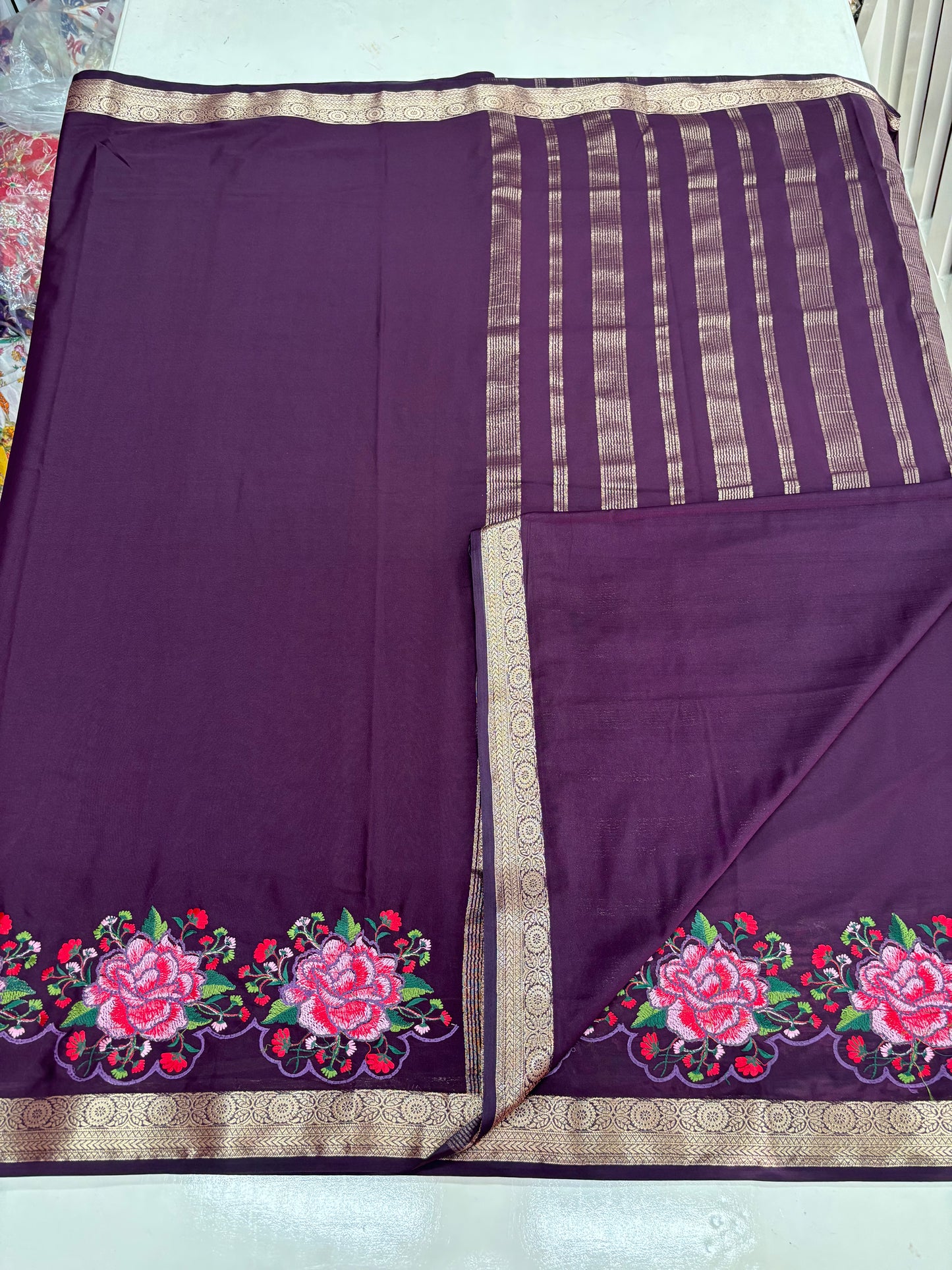Semi Mysore Crepe (Self, Small Border, Rose Embroidery)
